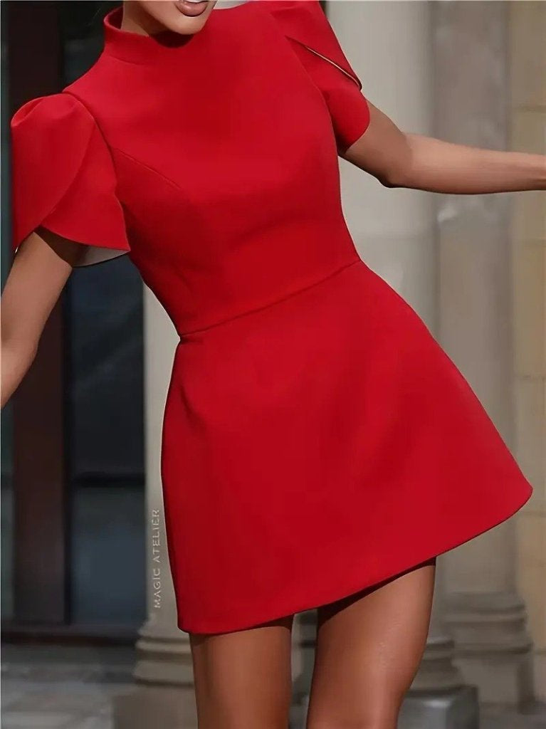 Women's Short Sleeve Turtleneck Back Butterfly Cutout Detail Short Satin Dress, 31416