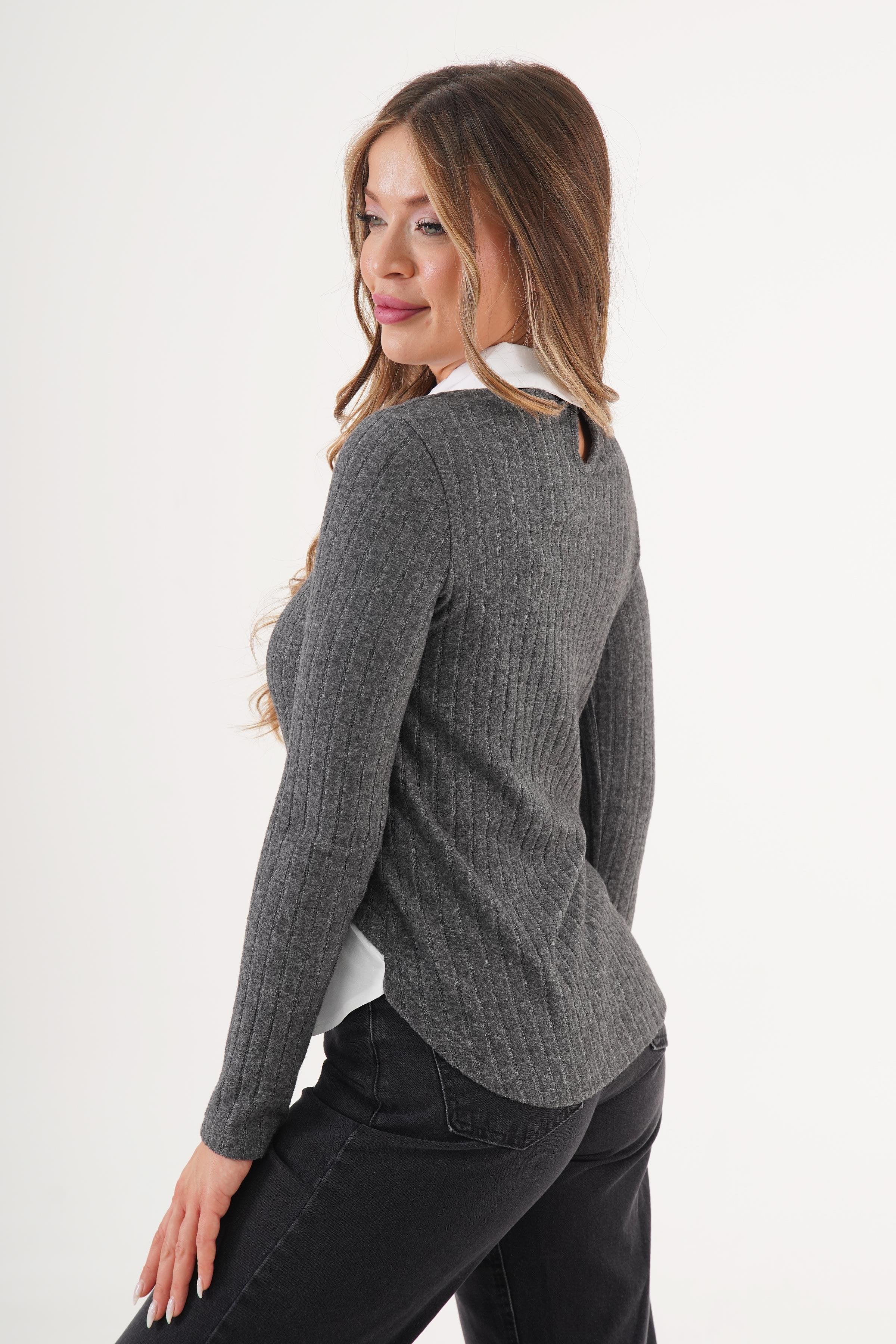 Gömlek Detaylı Uzun Kol Toptan Antrasit Bluz