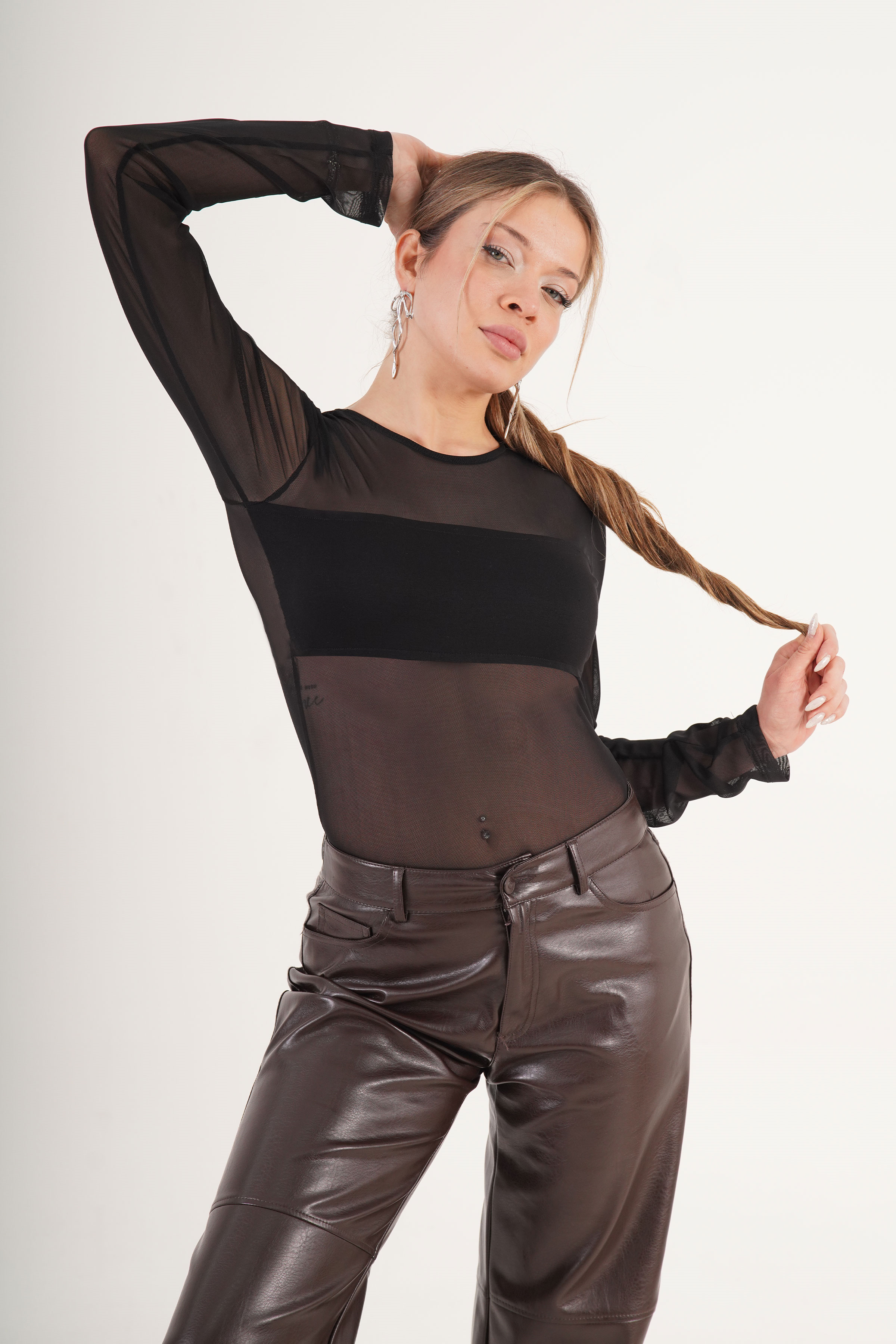 Kontrast Transparan Tüllü Toptan Siyah Kadın Body Siyah S