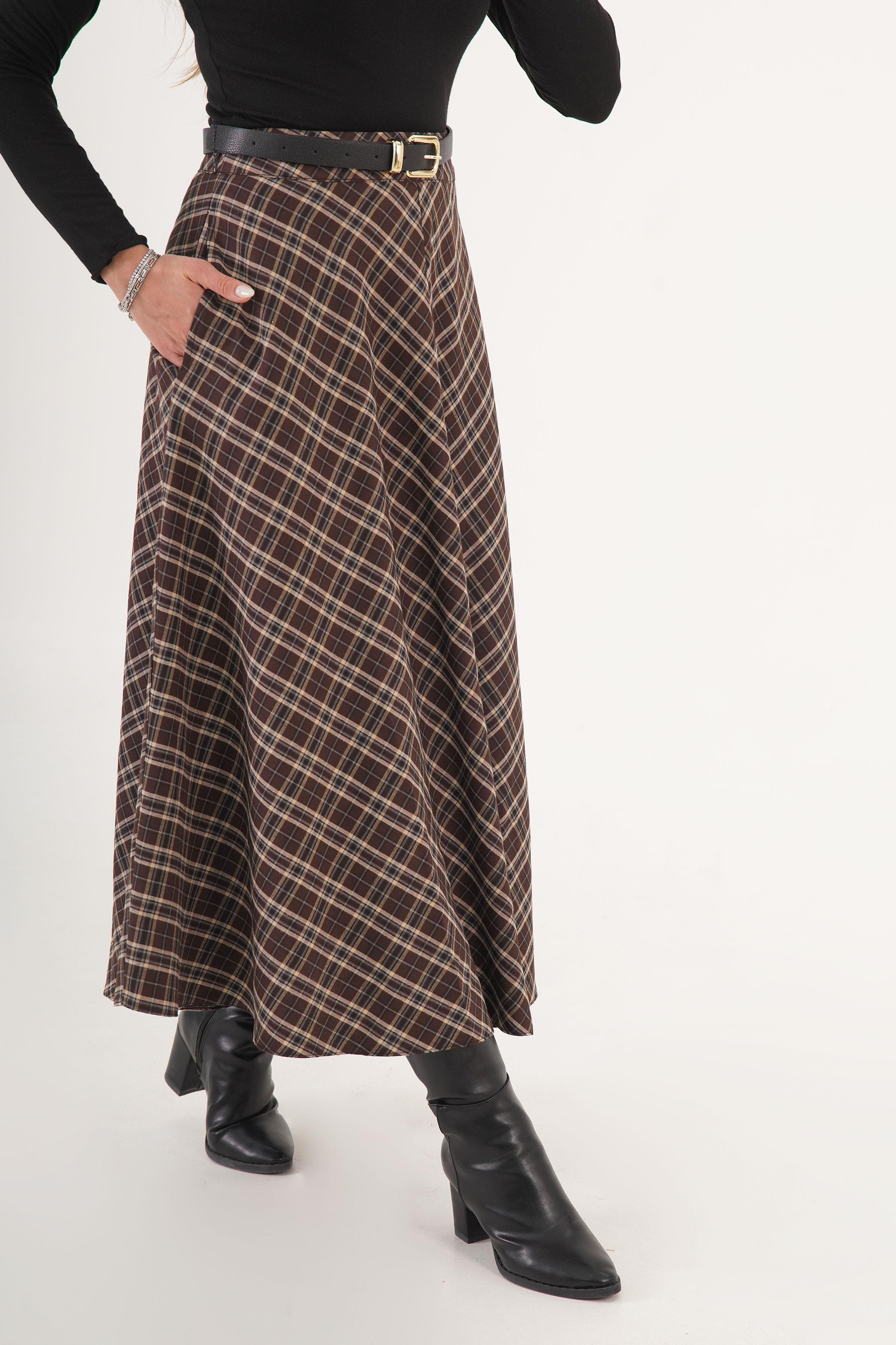 Volan Kesim Kahve Ekose Uzun Toptan Etek