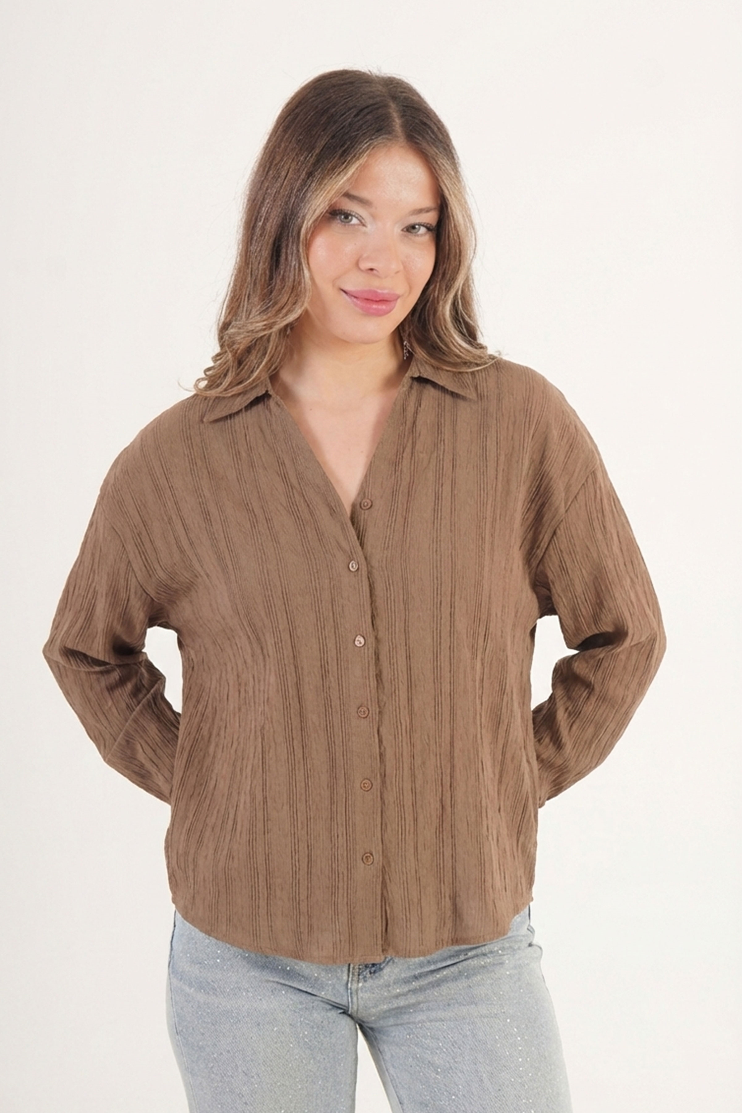 V Yaka Drapeli Camel Toptan Gömlek