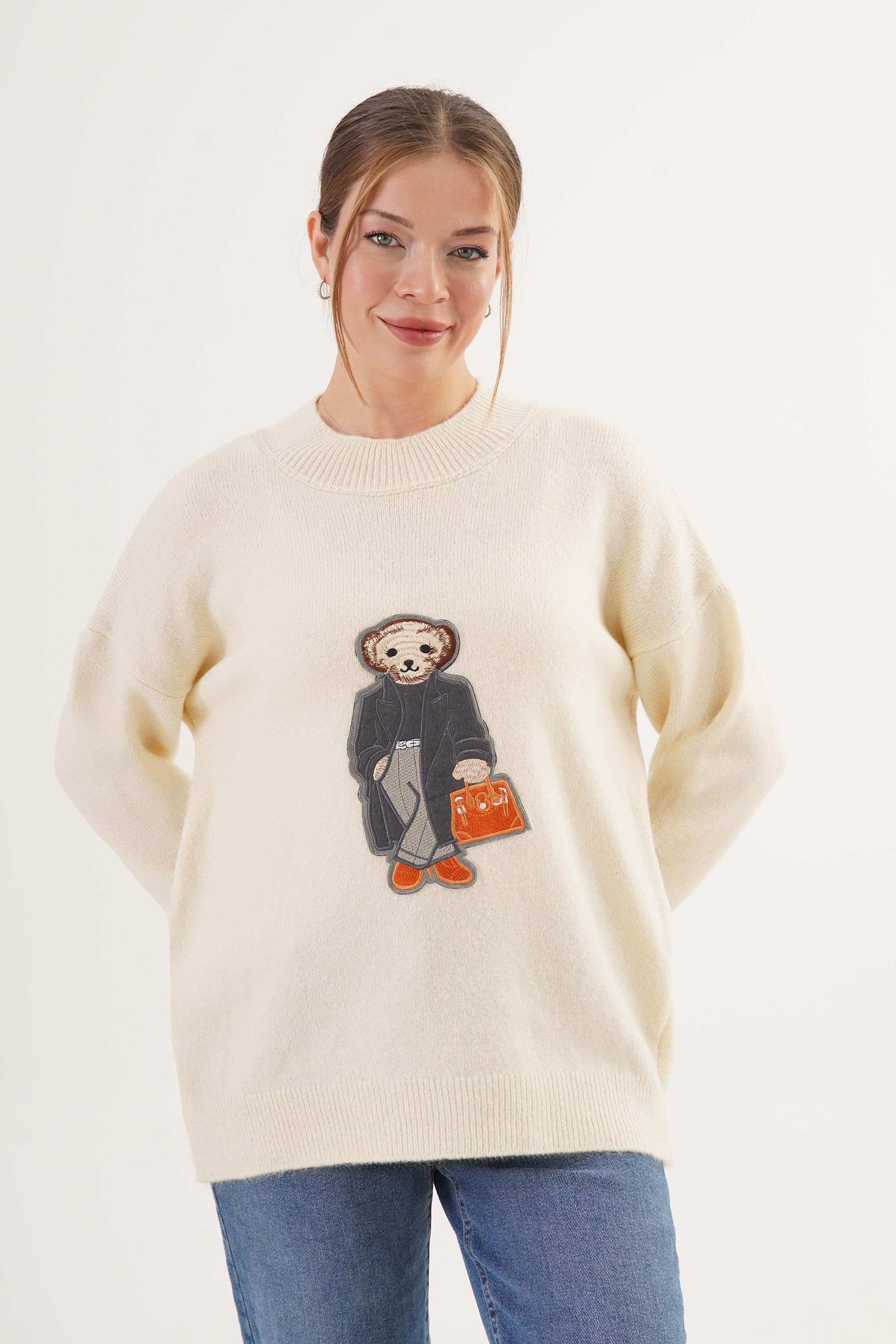 Ayıcık Nakışlı Bisiklet Yaka Toptan Krem Triko Kazak Krem STD