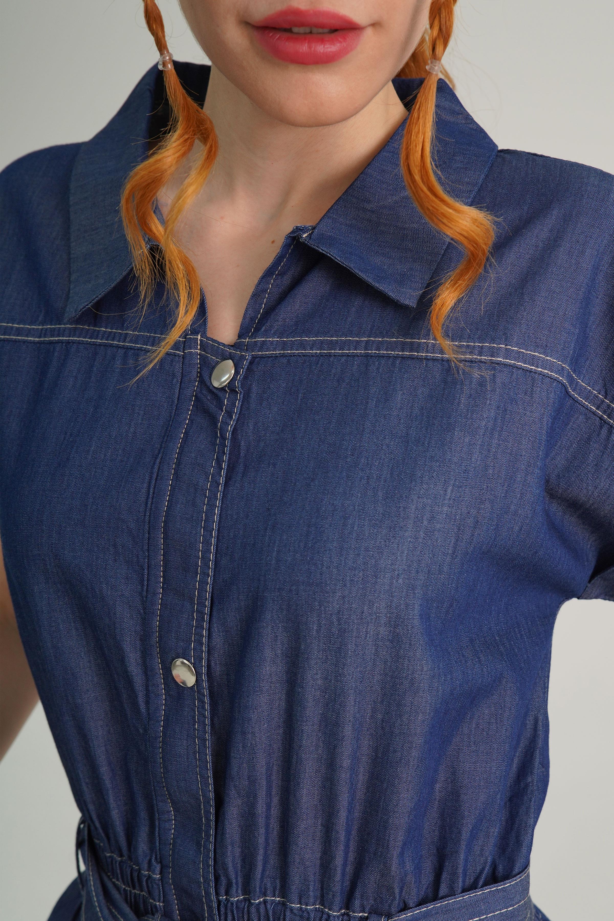 Kısa Kol Kuşaklı Kot Toptan Denim Tulum