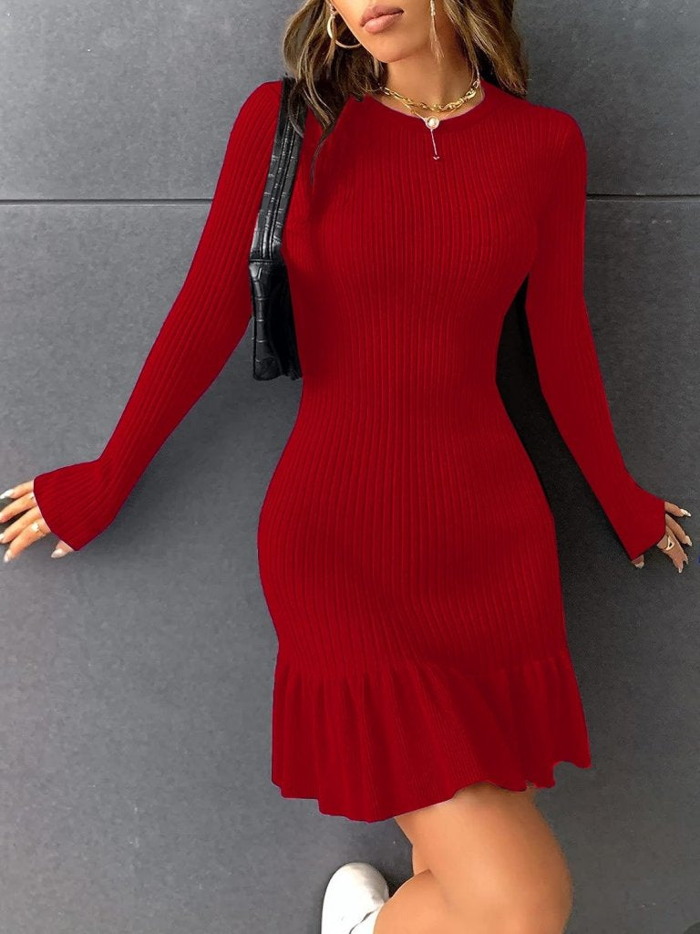Women's Crew Neck Long Sleeve Ruffle Hem Knit (polyenit) Mini Dress, 31923
