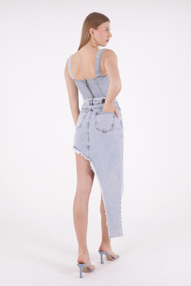 Püsküllü Etek - Orta Mavi Kot - (S-XL-6) - 4