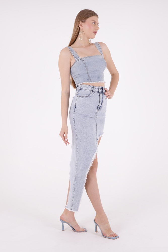 Püsküllü Etek - Orta Mavi Kot - (S-XL-6) - 5