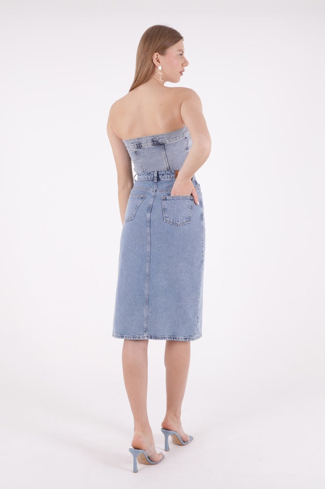 Asimetrik Detaylı Kot Etek - Orta Mavi Kot - (S-XL-6-2) - 4