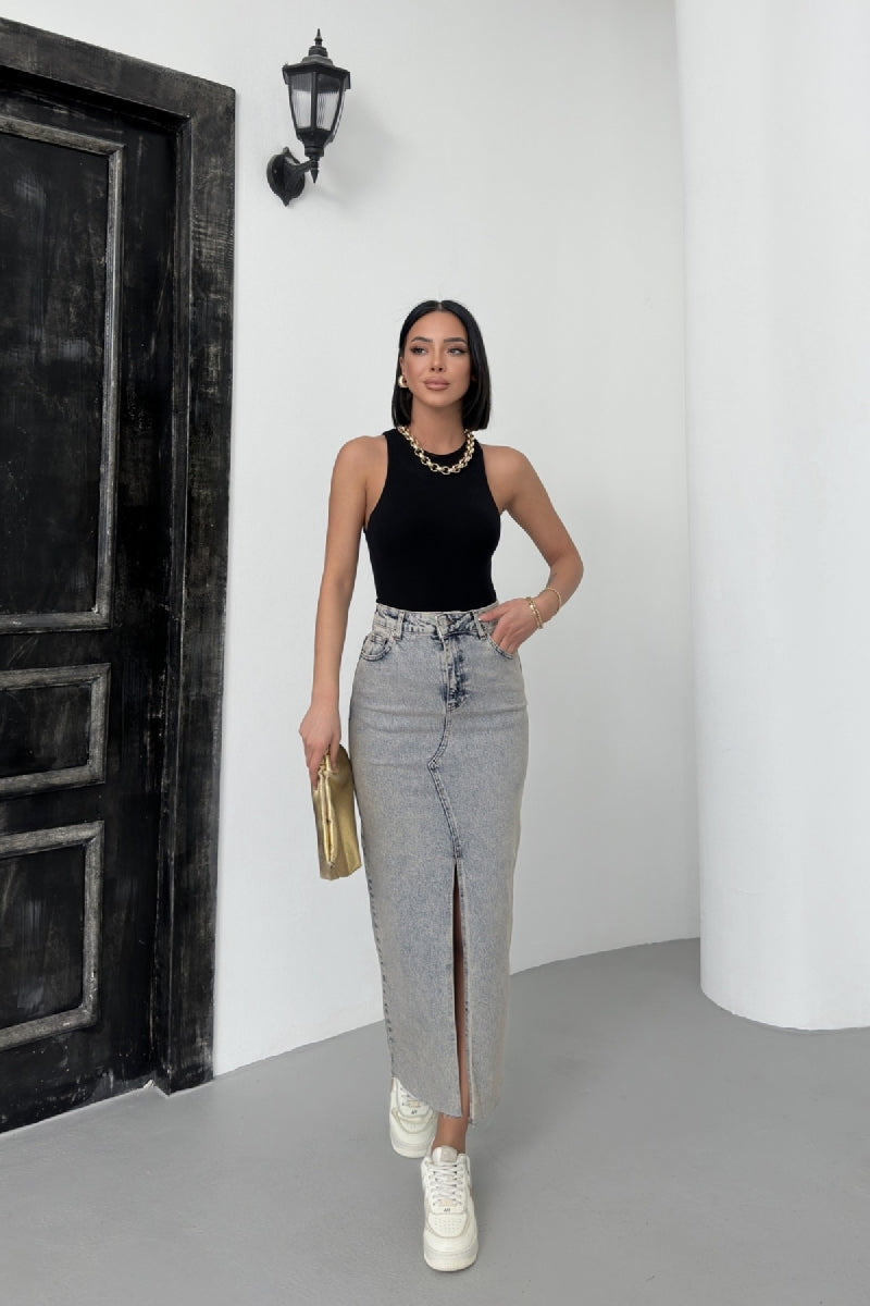 Uzun Kot Etek - Orta Mavi Kar Yıkama Tintli - (XS-XL) - 4