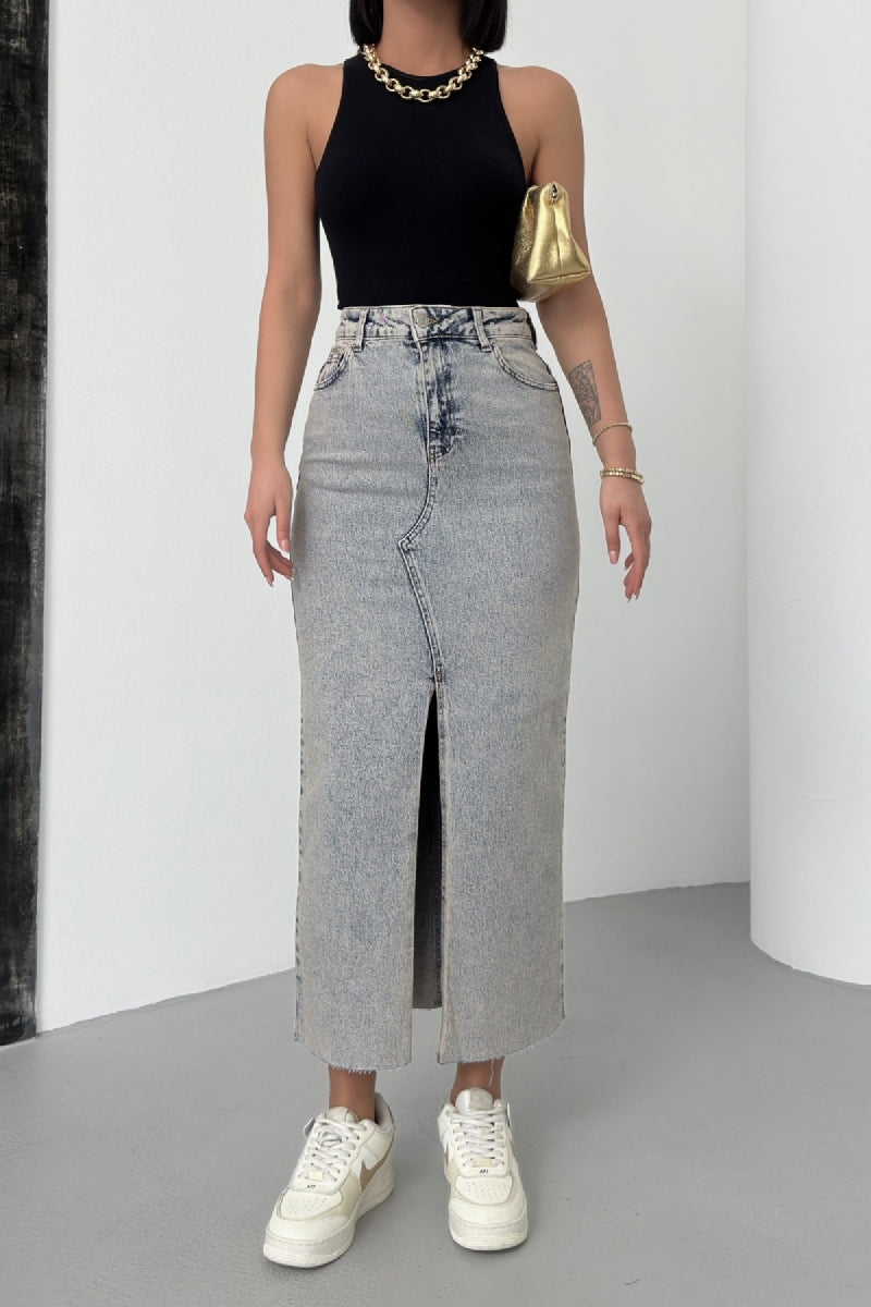 Uzun Kot Etek - Orta Mavi Kar Yıkama Tintli - (XS-XL) - 6