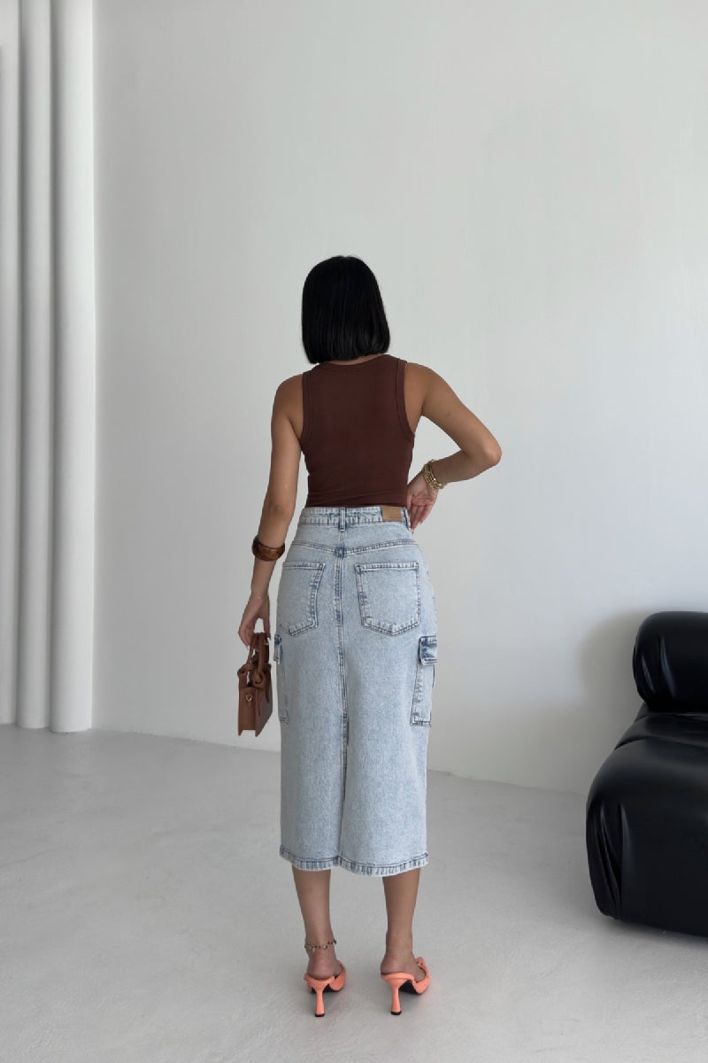 Kargo Cepli Kot Etek - Kar Yıkama Açık Mavi - (XS-XL-5) - 4