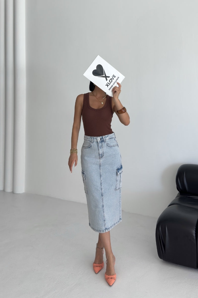Kargo Cepli Kot Etek - Kar Yıkama Açık Mavi - (XS-XL-5) - 5