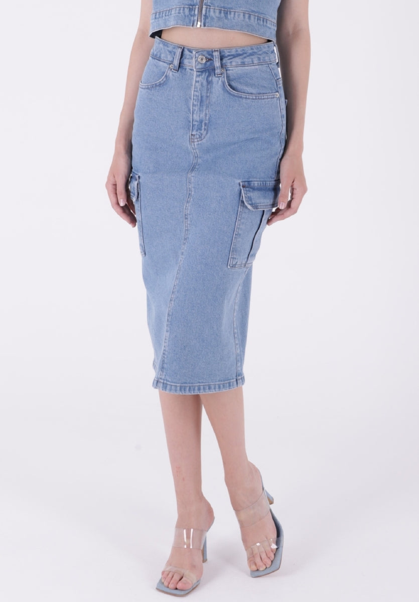 Kargo Cepli Kot Etek - Açık Mavi Kot - (XS-XL) - 2