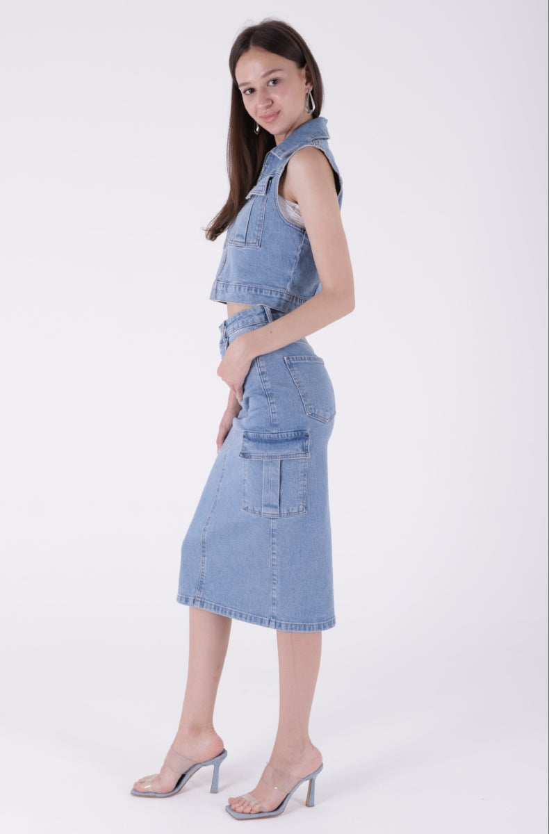 Kargo Cepli Kot Etek - Açık Mavi Kot - (XS-XL) - 4