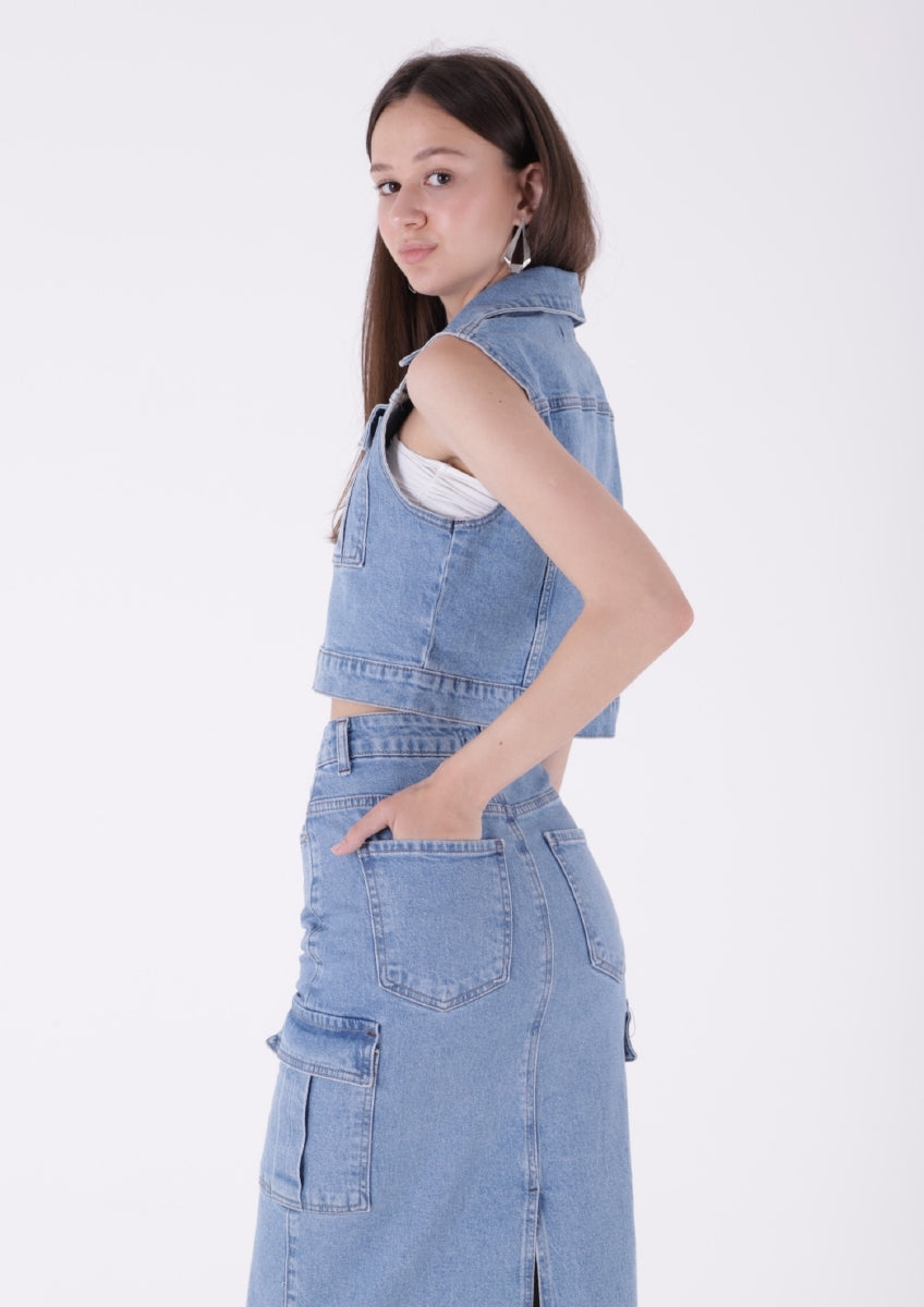 Kargo Cepli Kot Etek - Açık Mavi Kot - (XS-XL) - 5