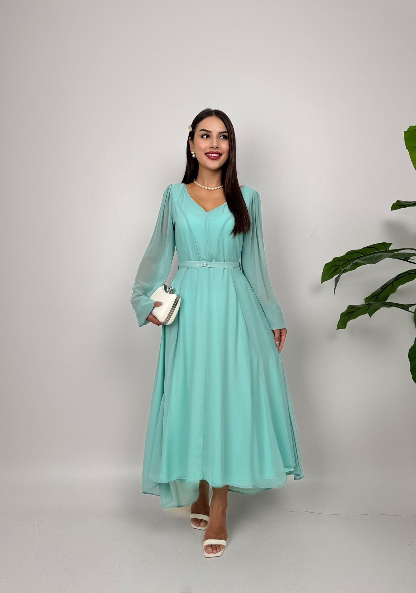 1032 ŞİFON V YAKA ELBİSE