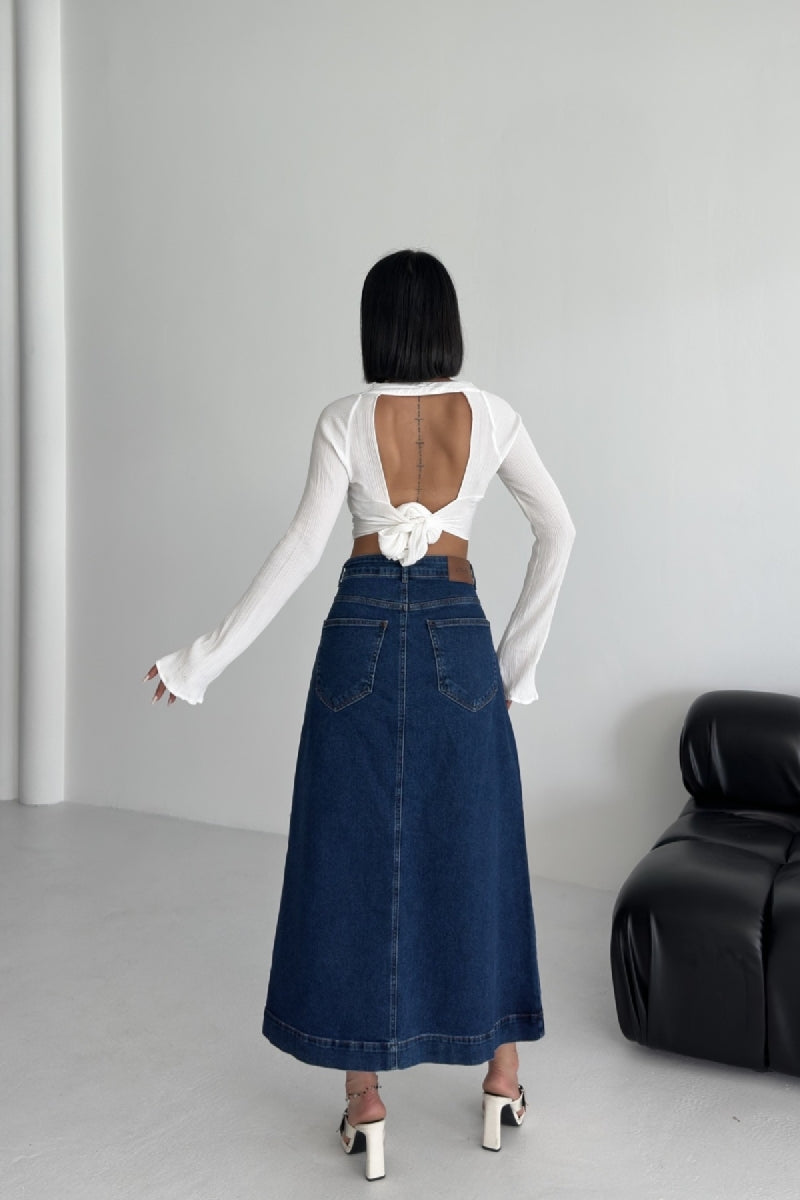 Düğmeli Uzun Kot Etek - Düz Koyu Rins - (38-46) - 3