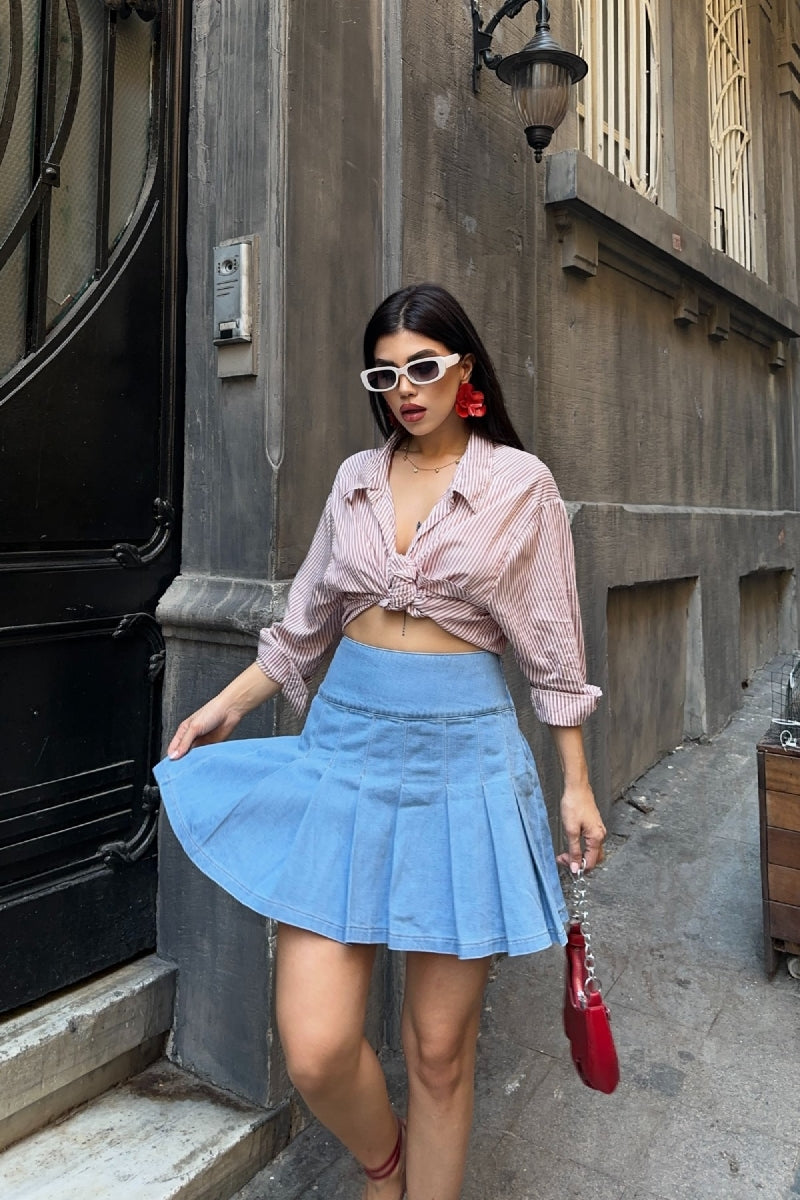 Pileli Mini Etek Orta Mavi