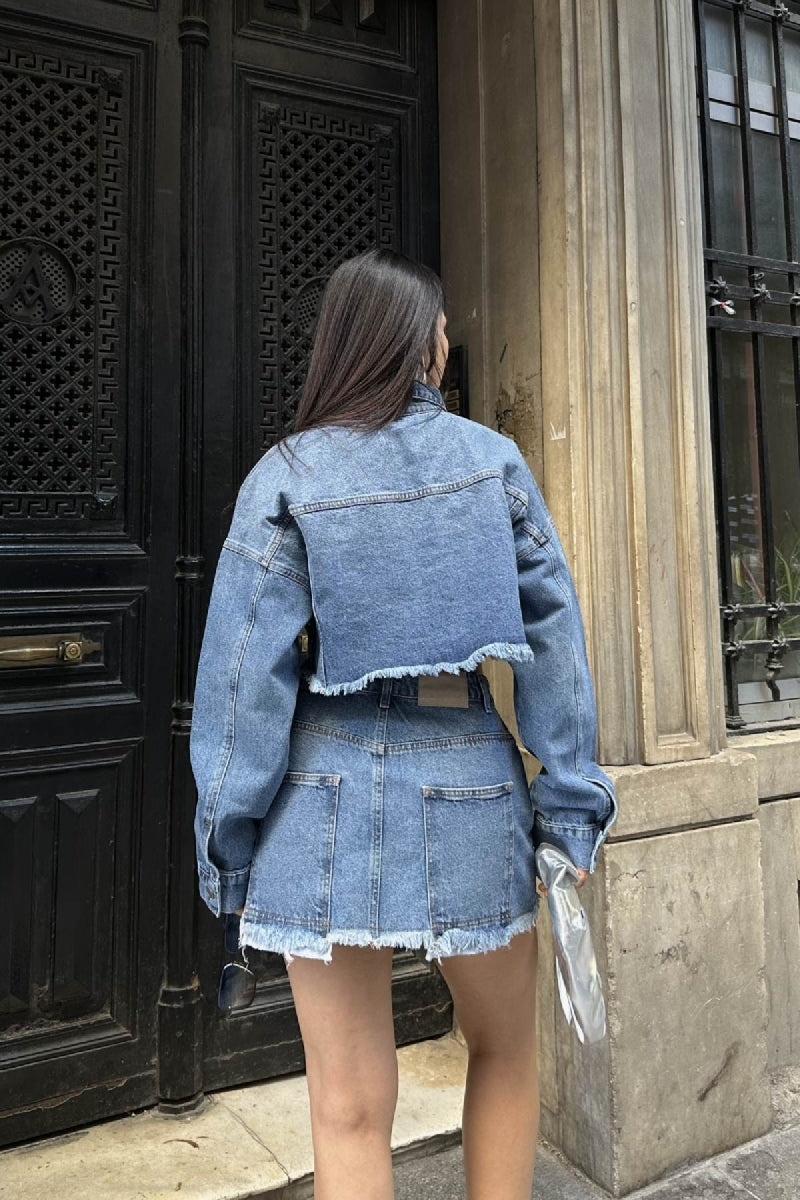 Taşlı Mini Kot Etek - Orta Mavi Kot - (XS-L) - 4