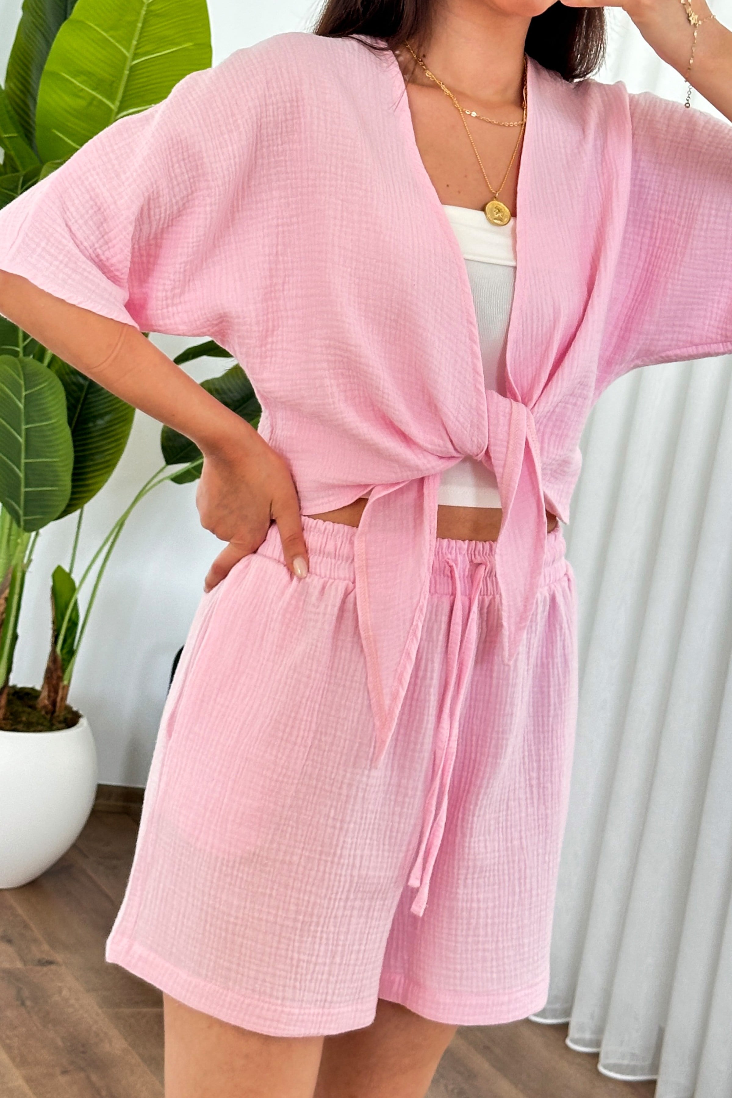 Müslin Önden Bağlamalı Kısa Model Toptan Pembe Kimono