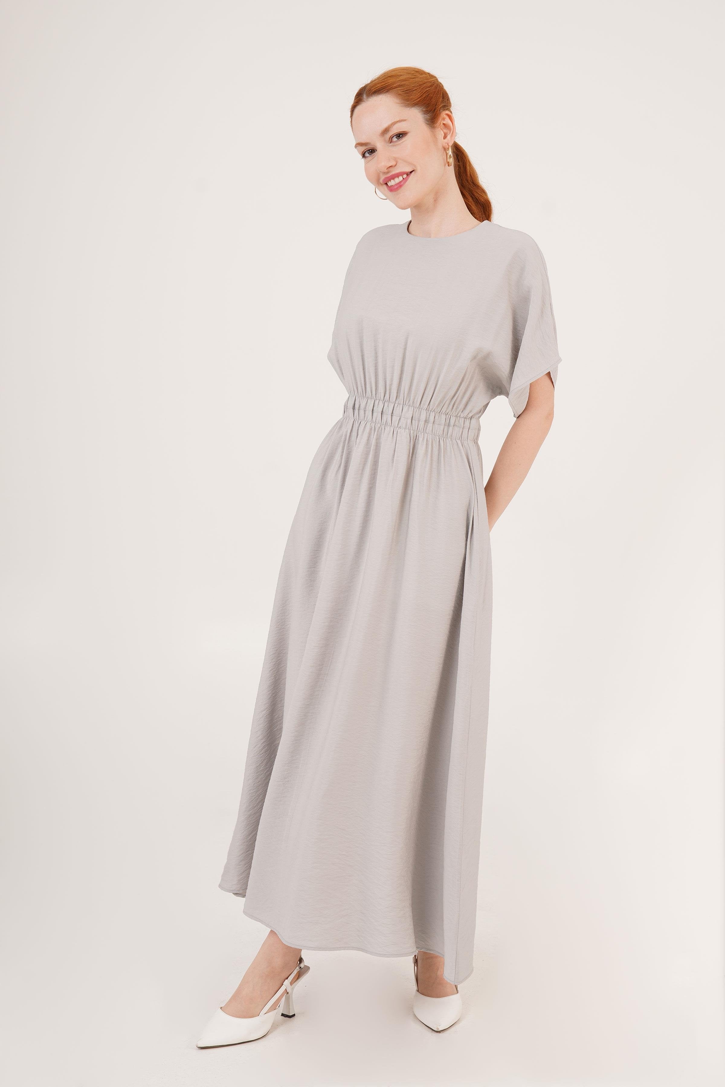 Bel Lastikli Yarasa Kol Maxi Toptan Gri Elbise