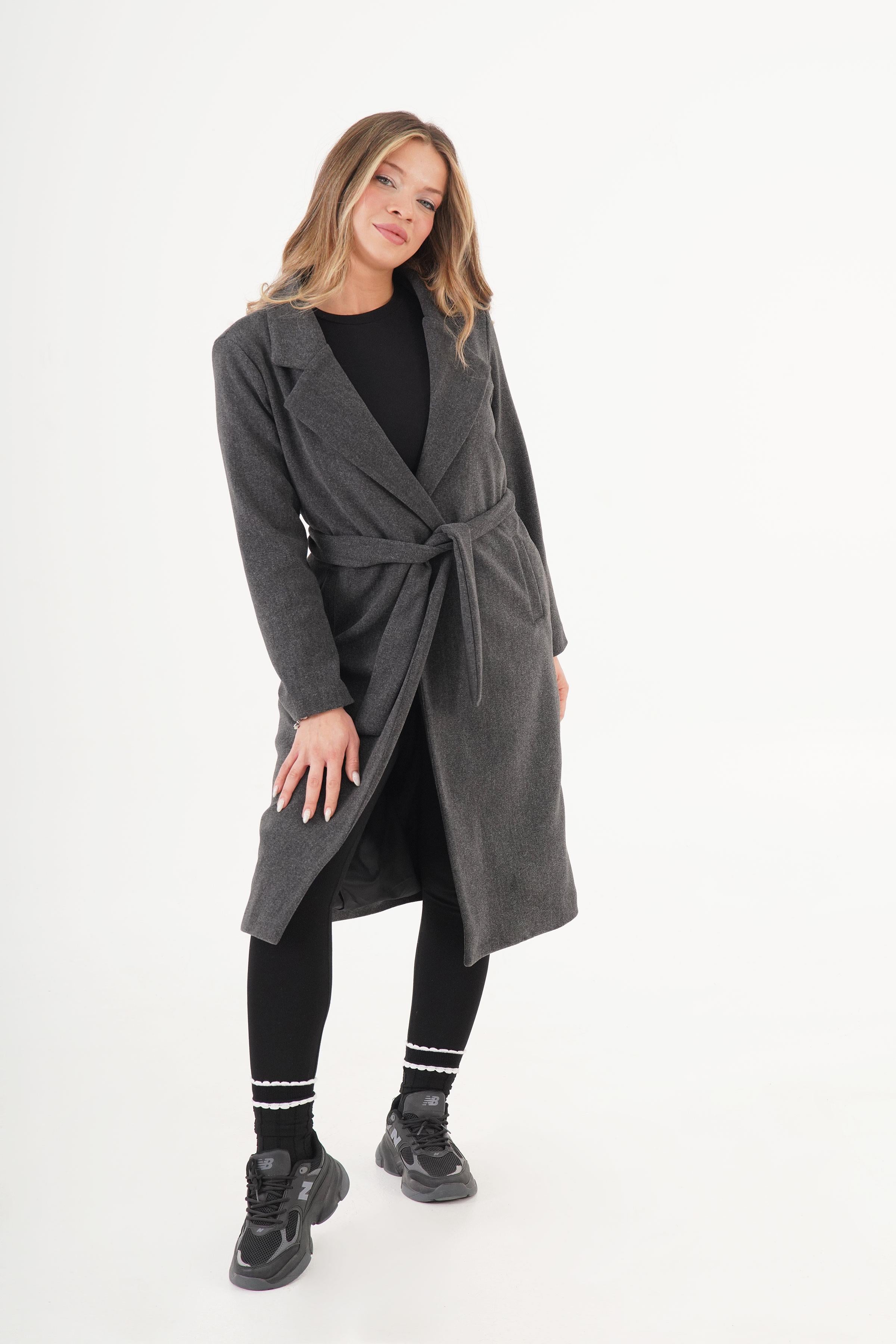 Beli Kuşaklı Astarlı Toptan Antrast Kaşe Kaban