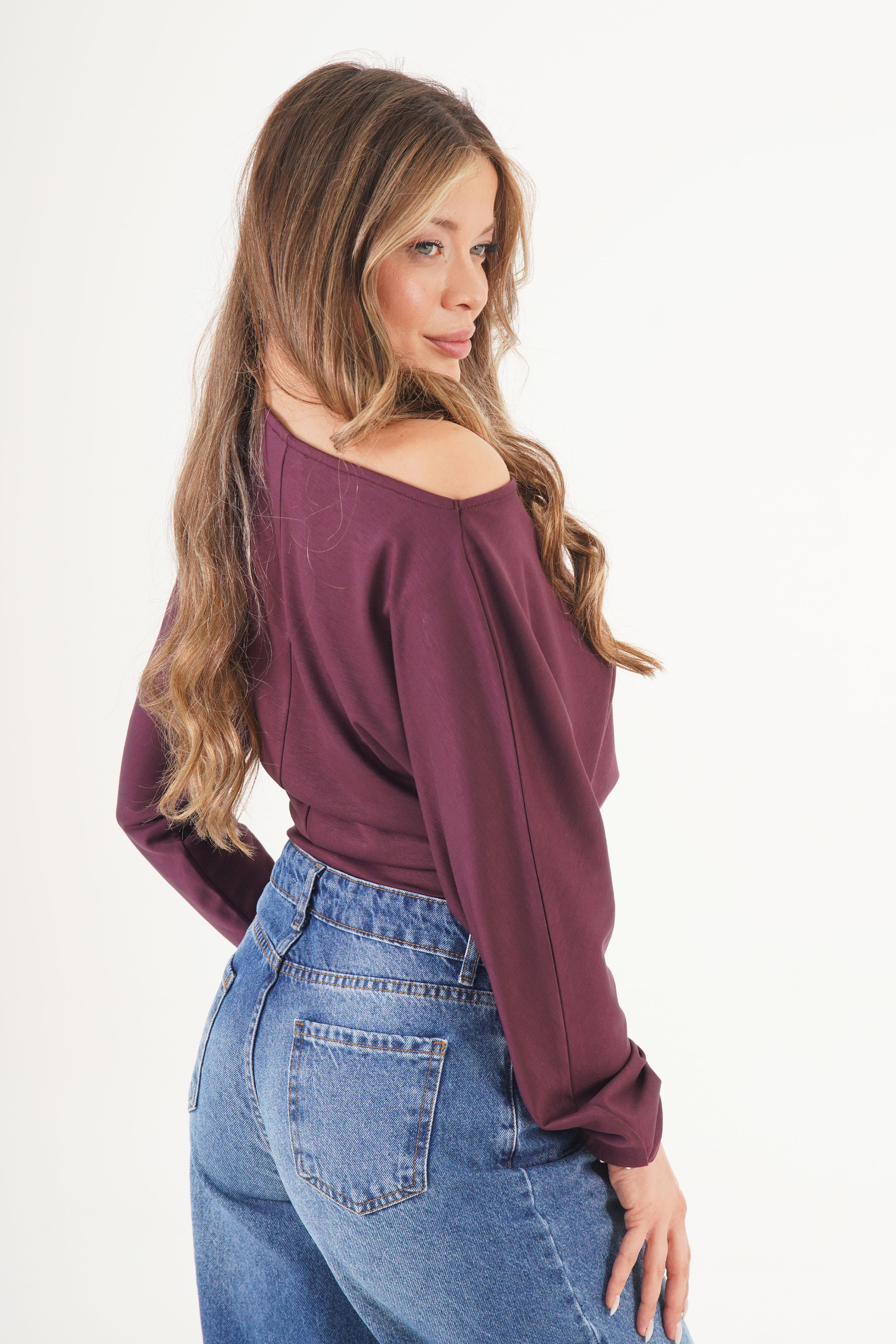 İnce Oys Kumaş Yarasa Kol Toptan Mürdüm Bluz