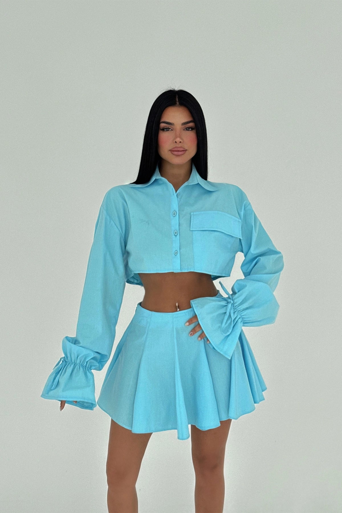 Mavi Jila Mini Etek Üst Gömlek Takım S