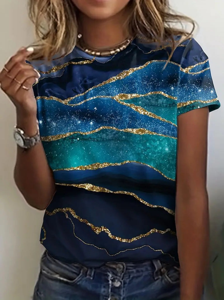 Women's Short Sleeve Crew Neck Blue Glitter Print Sandy Blouse, 15291