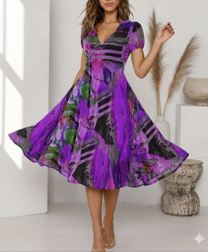 Women's Short Sleeve V-Neck Colorful Mixed Pattern Flared Supra Midi Dress, 32568