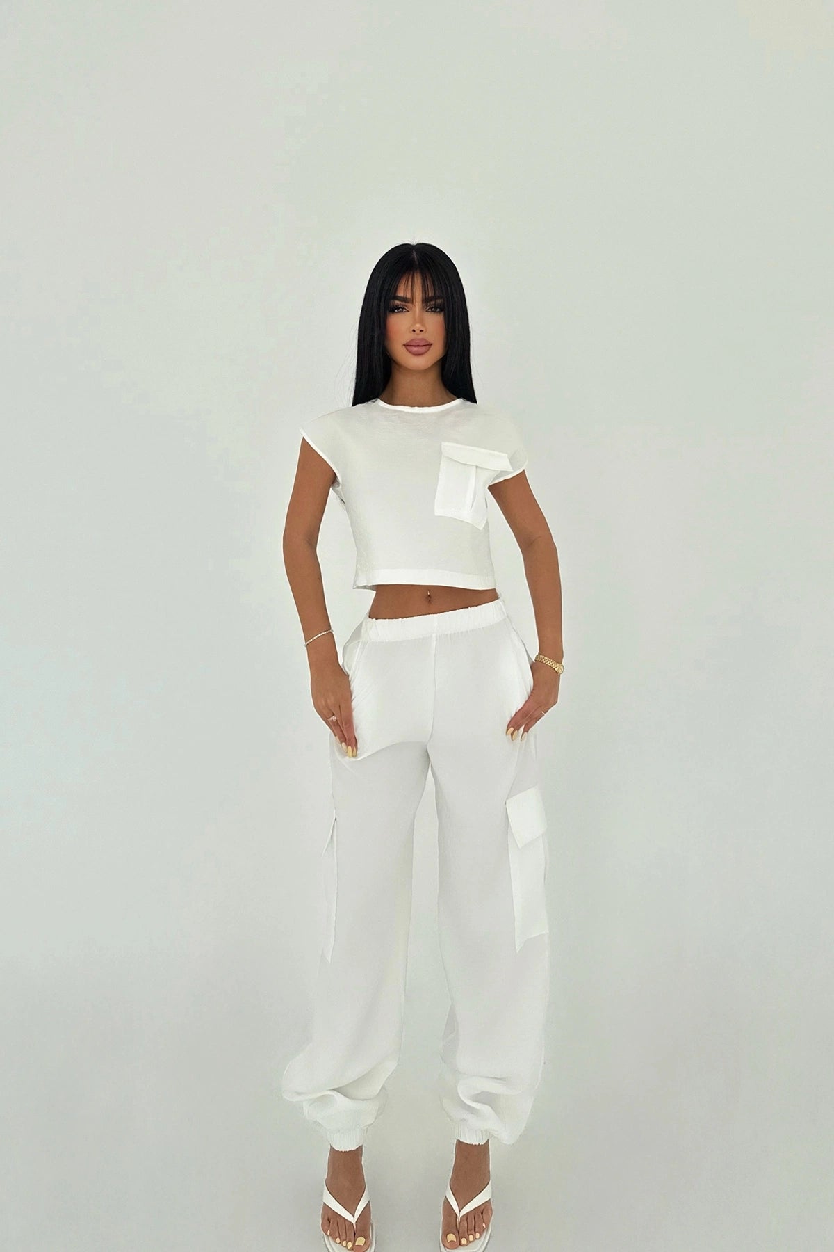 Beyaz Cep Detay Pantolonlu Takım S