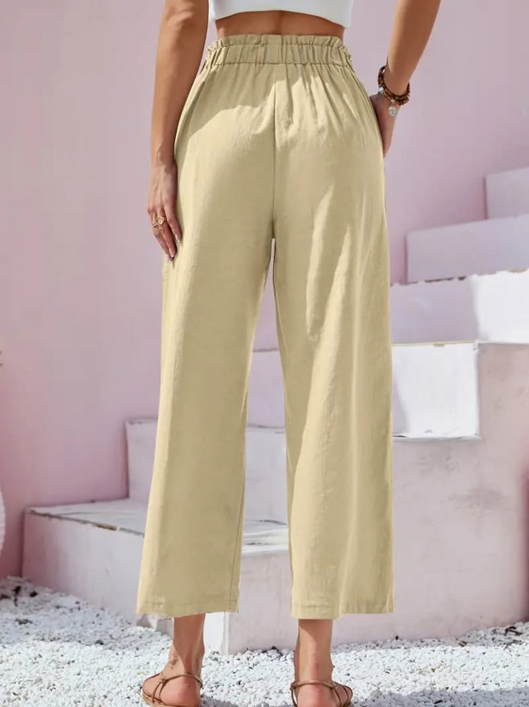 Women's Linen Capri Pants with Waist Shirring and Button Detail, 24633