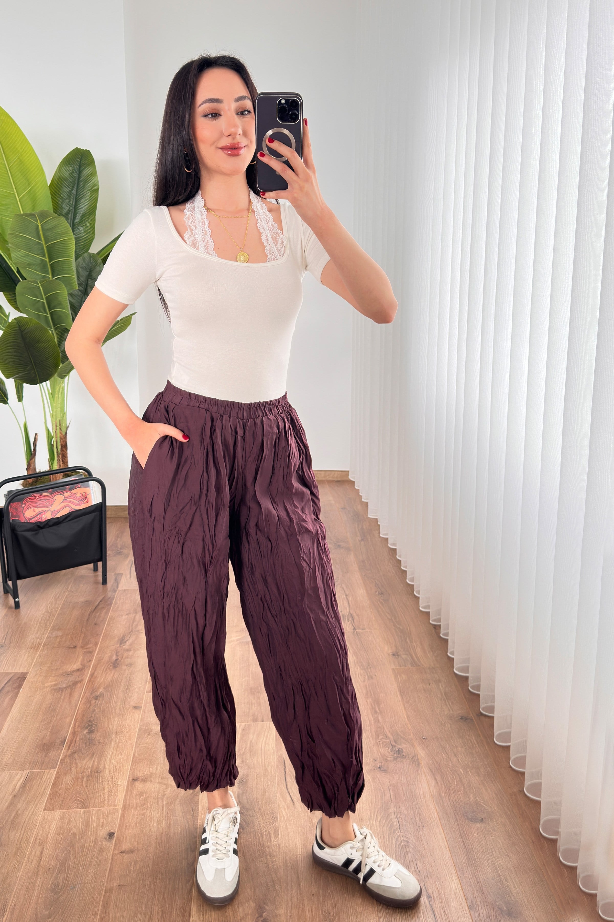 Kırışık Kumaş Toptan Mürdüm Şalvar Pantolon