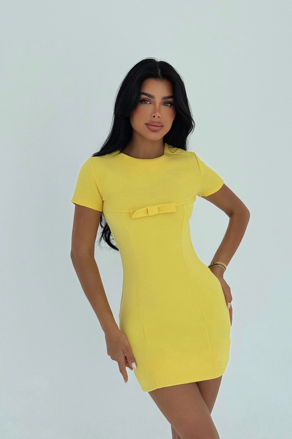 Sarı Fiyonk Detay Mini Elbise XS