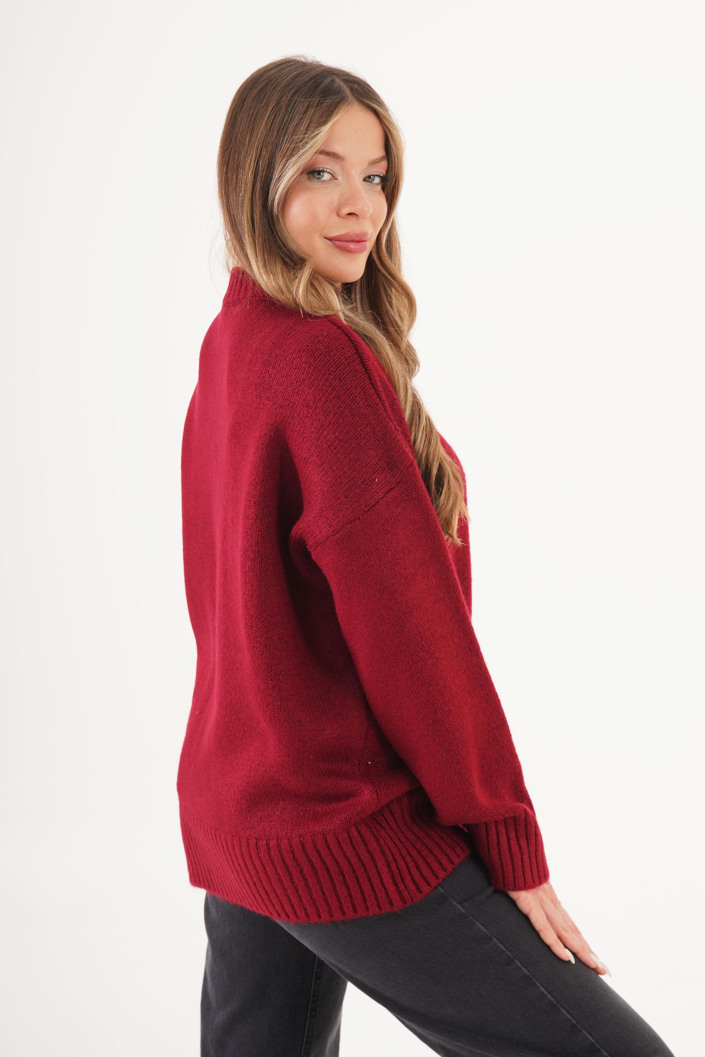 Ribana Detaylı Basic Toptan Bordo Kazak