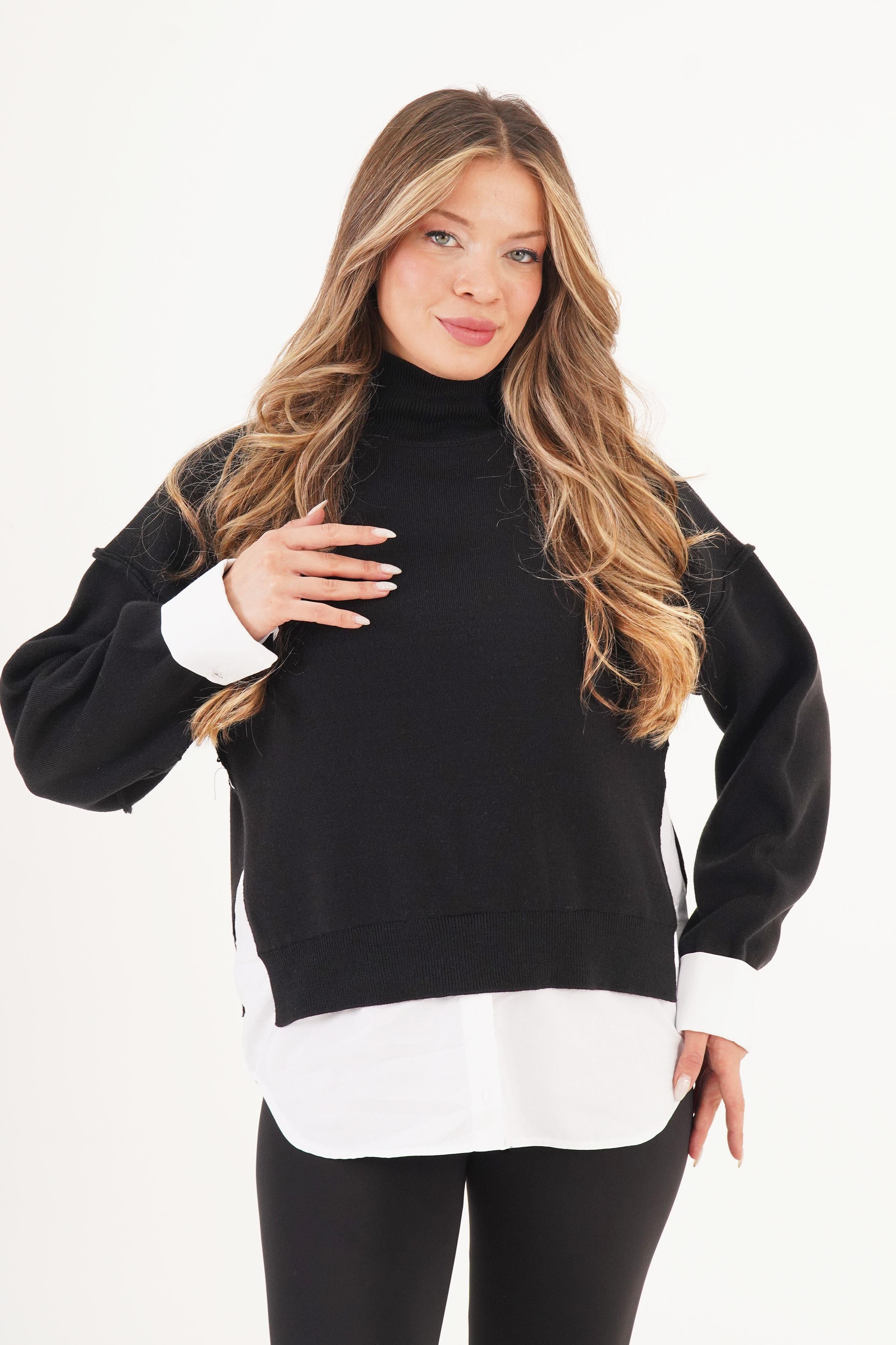 Gömlek Detaylı Dik Yaka Siyah Toptan Kazak Siyah STD