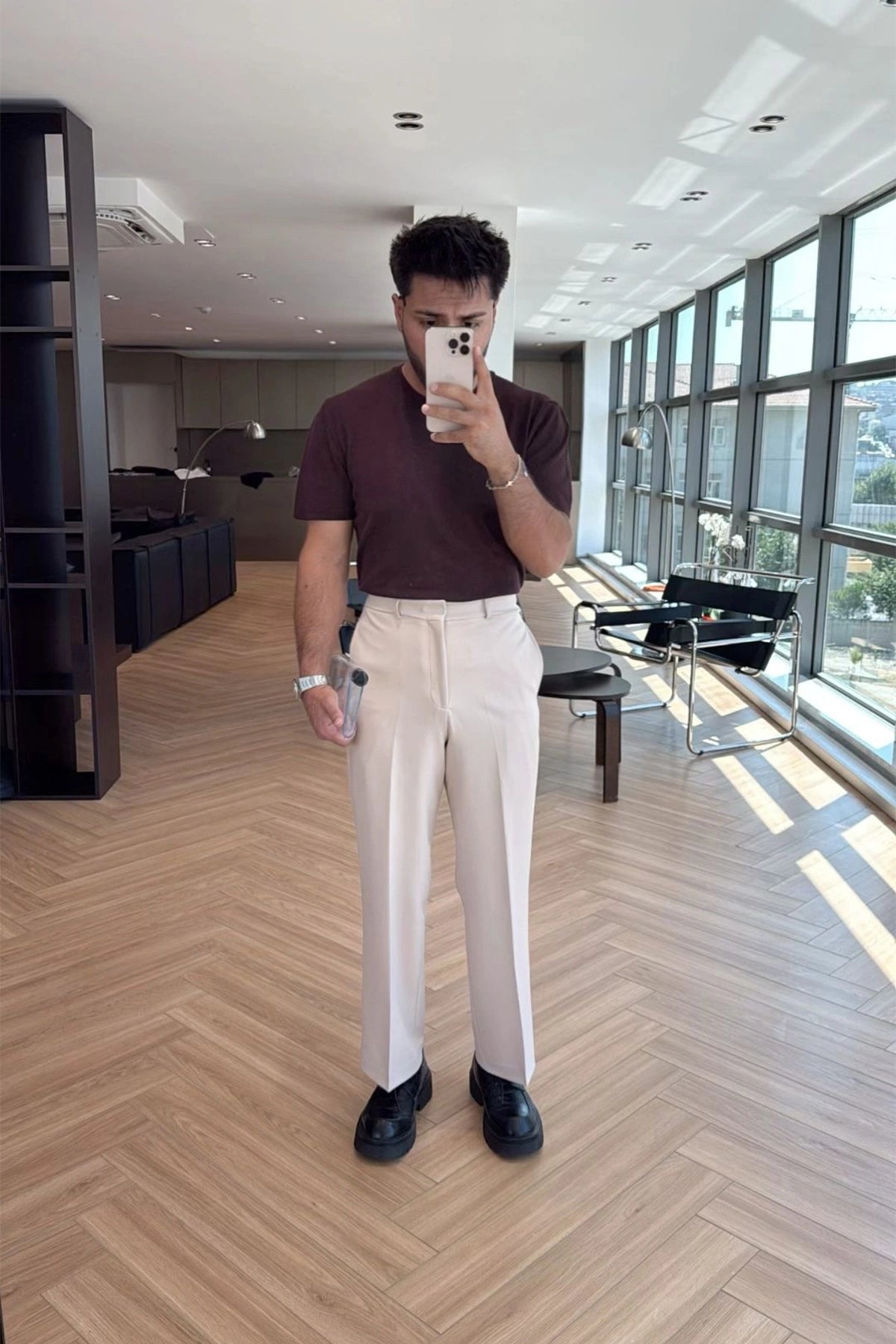 Krem Palazzo Yüksek Bel Pantolon