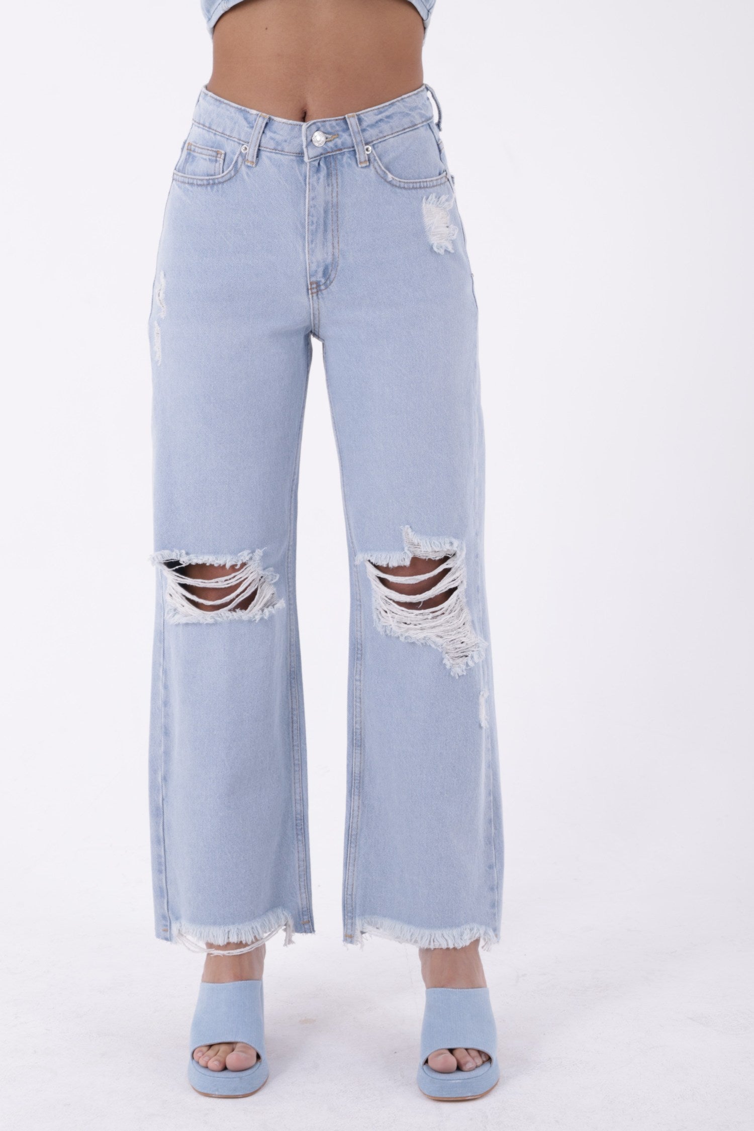 Bol Paça Kot Pantolon - Buz Mavisi ve Tintli - (26-31) - 2