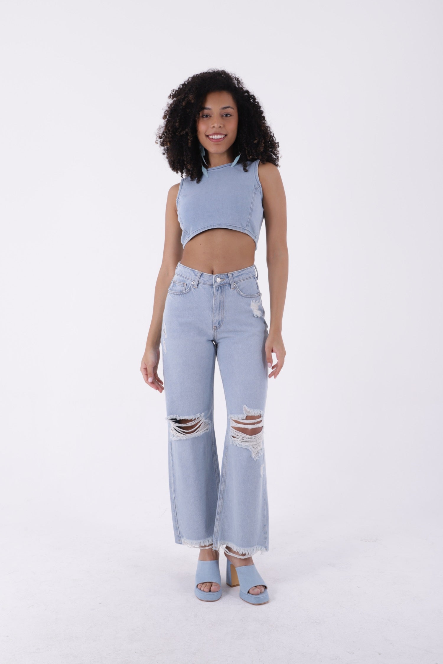 Bol Paça Kot Pantolon Buz Mavisi ve Tintli