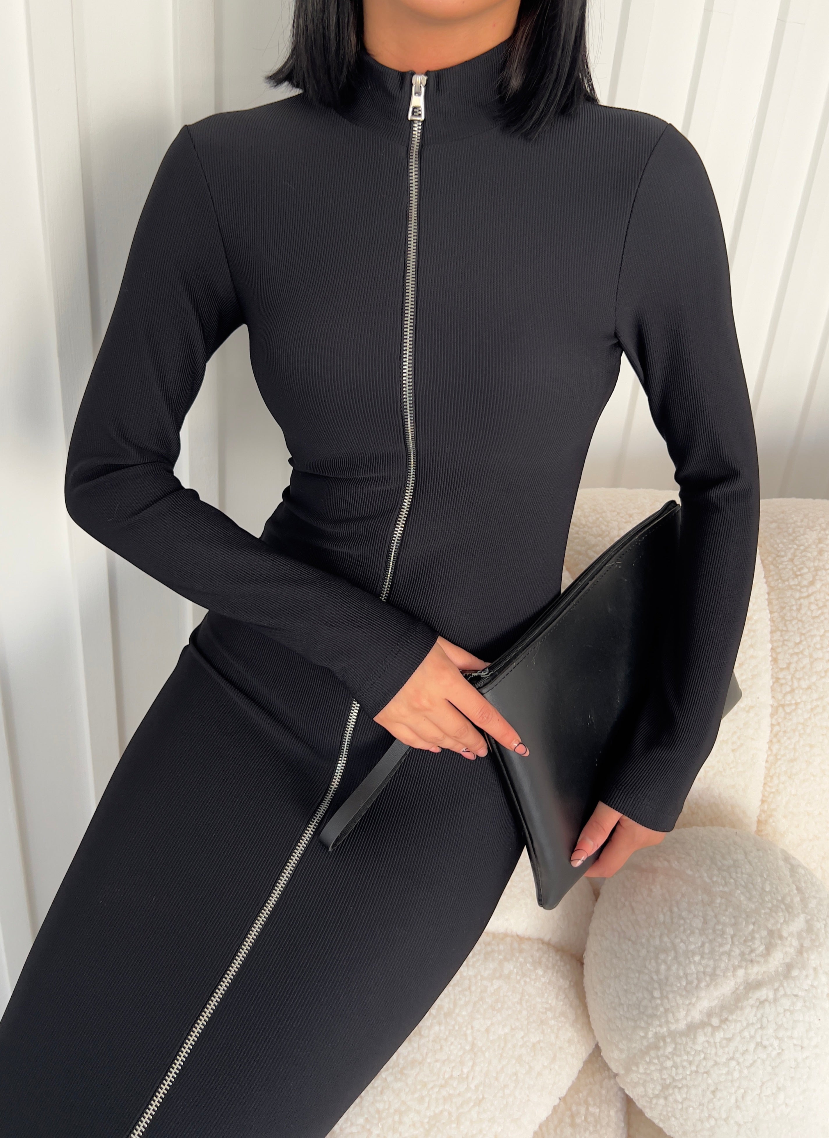 Zipper Detail Black Long Sleeve Black Dress
