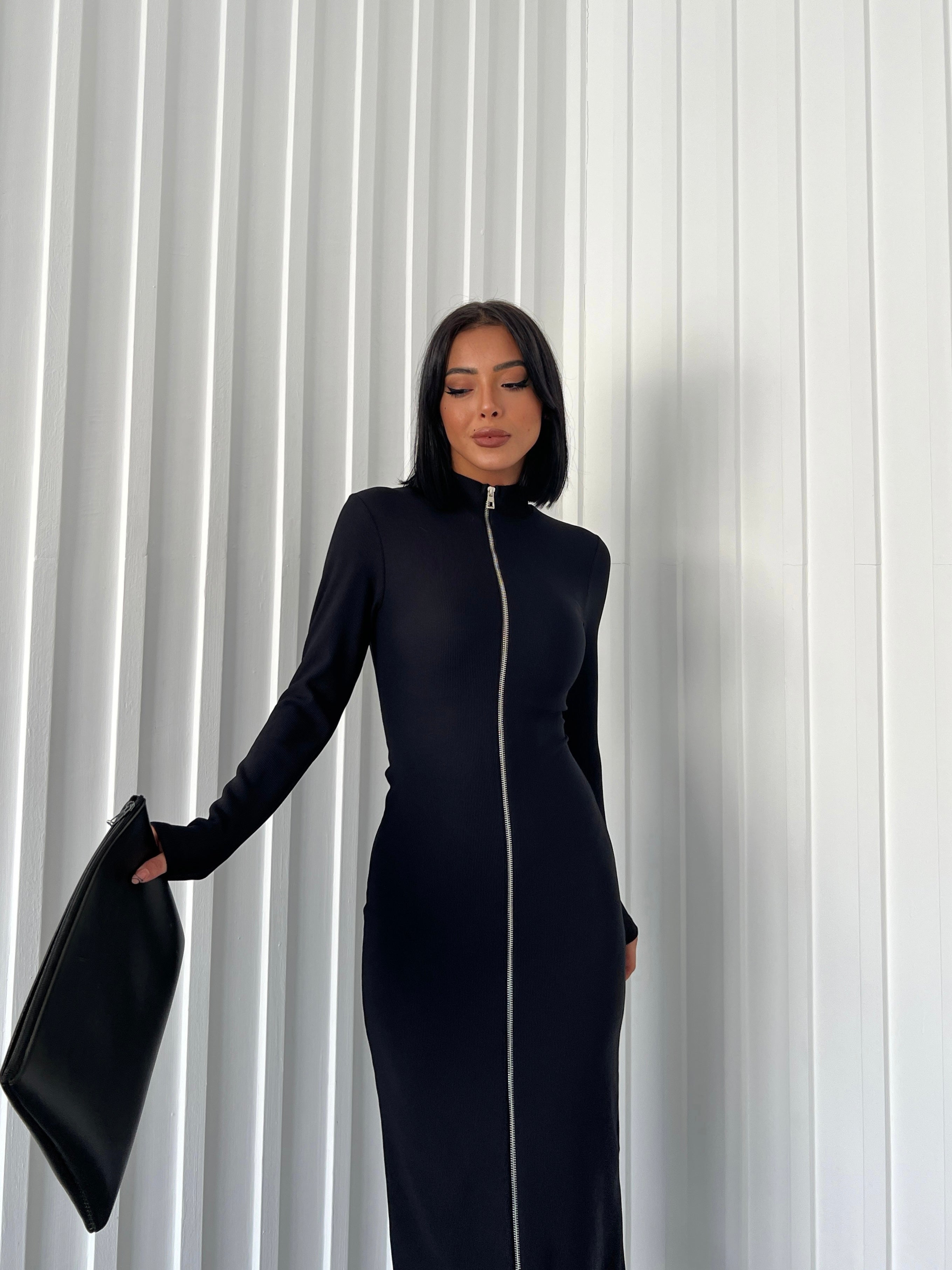 Zipper Detail Black Long Sleeve Black Dress