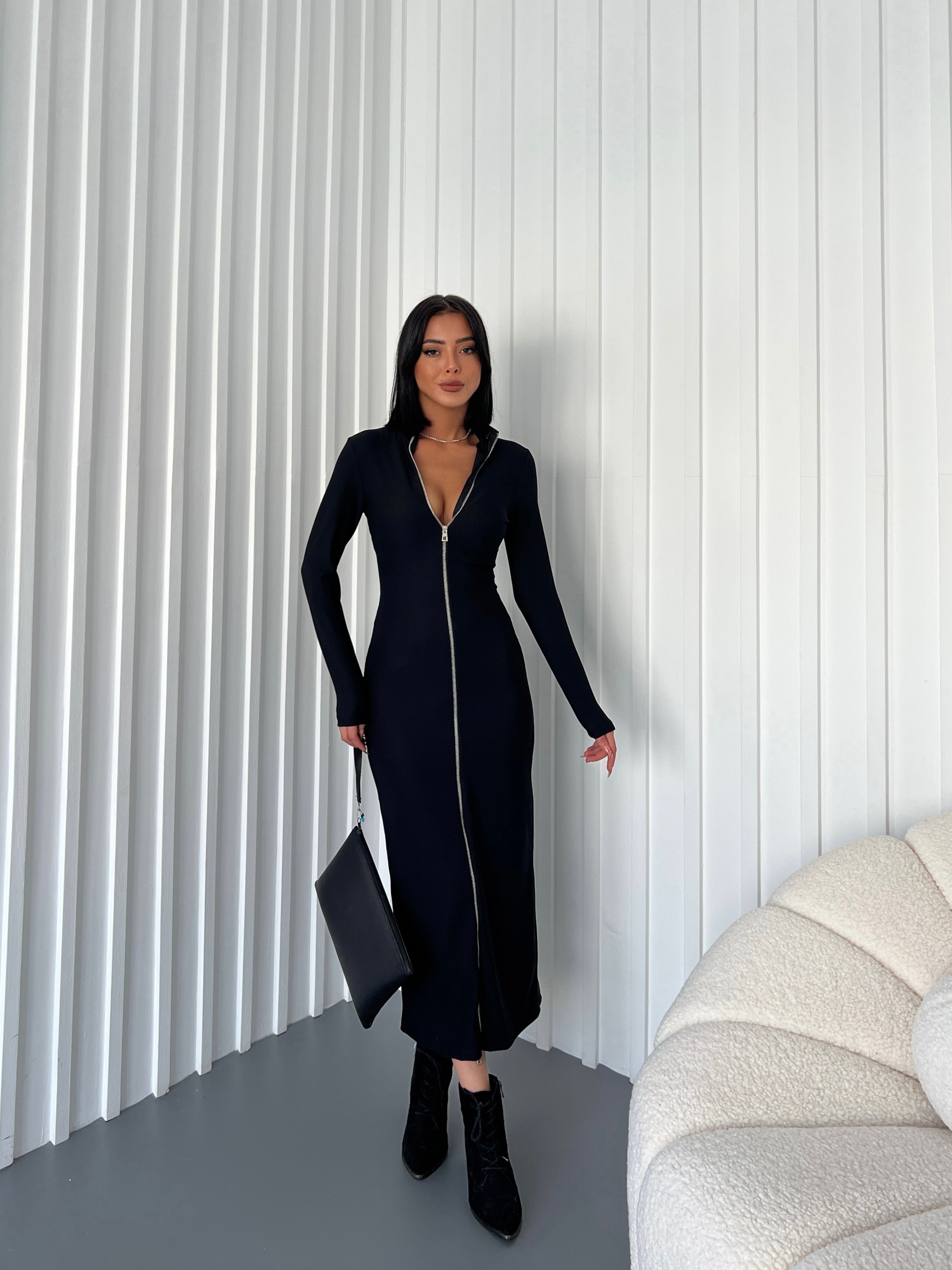 Zipper Detail Black Long Sleeve Black Dress