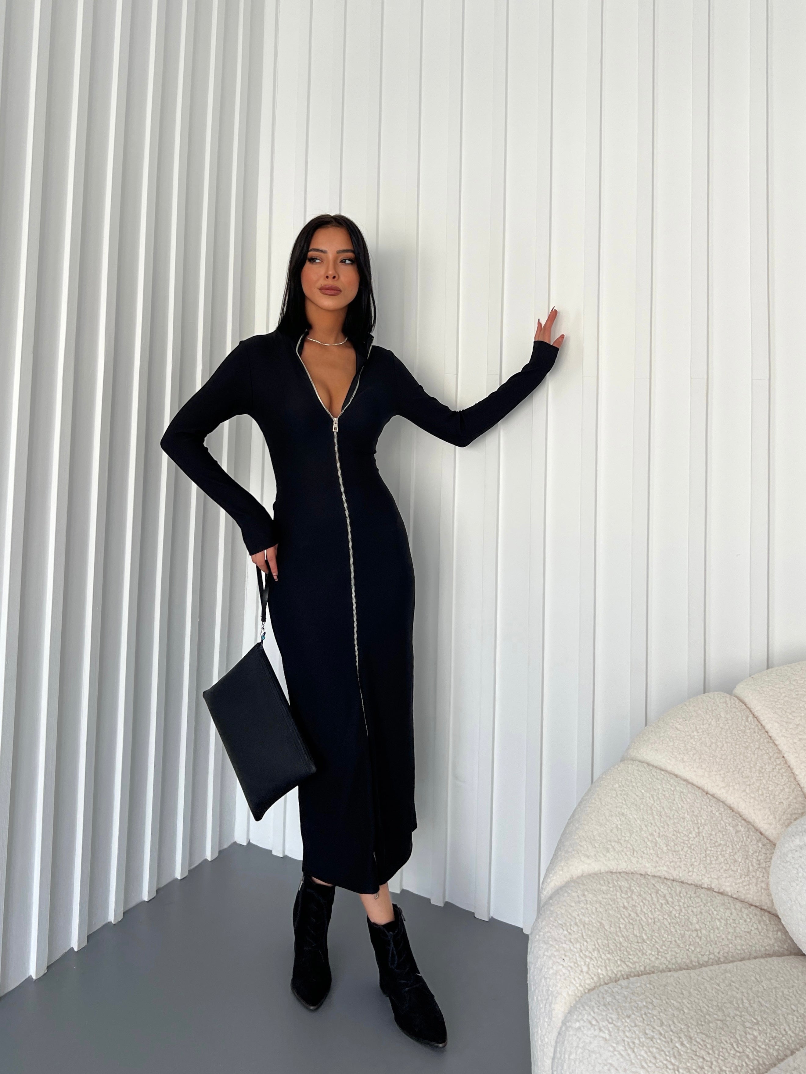 Zipper Detail Black Long Sleeve Black Dress