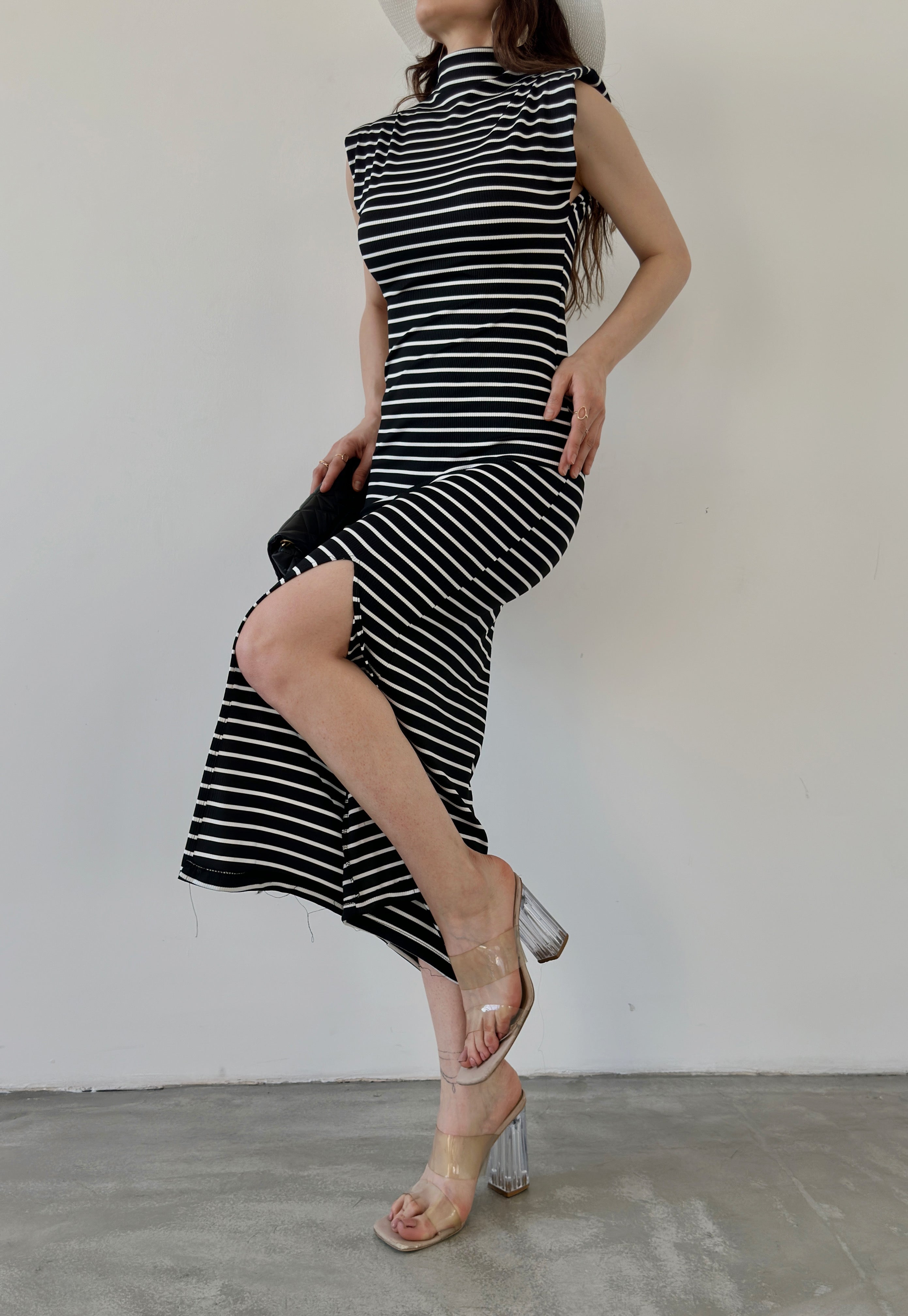 Half Turtleneck Dress with Padded Shoulder Pads