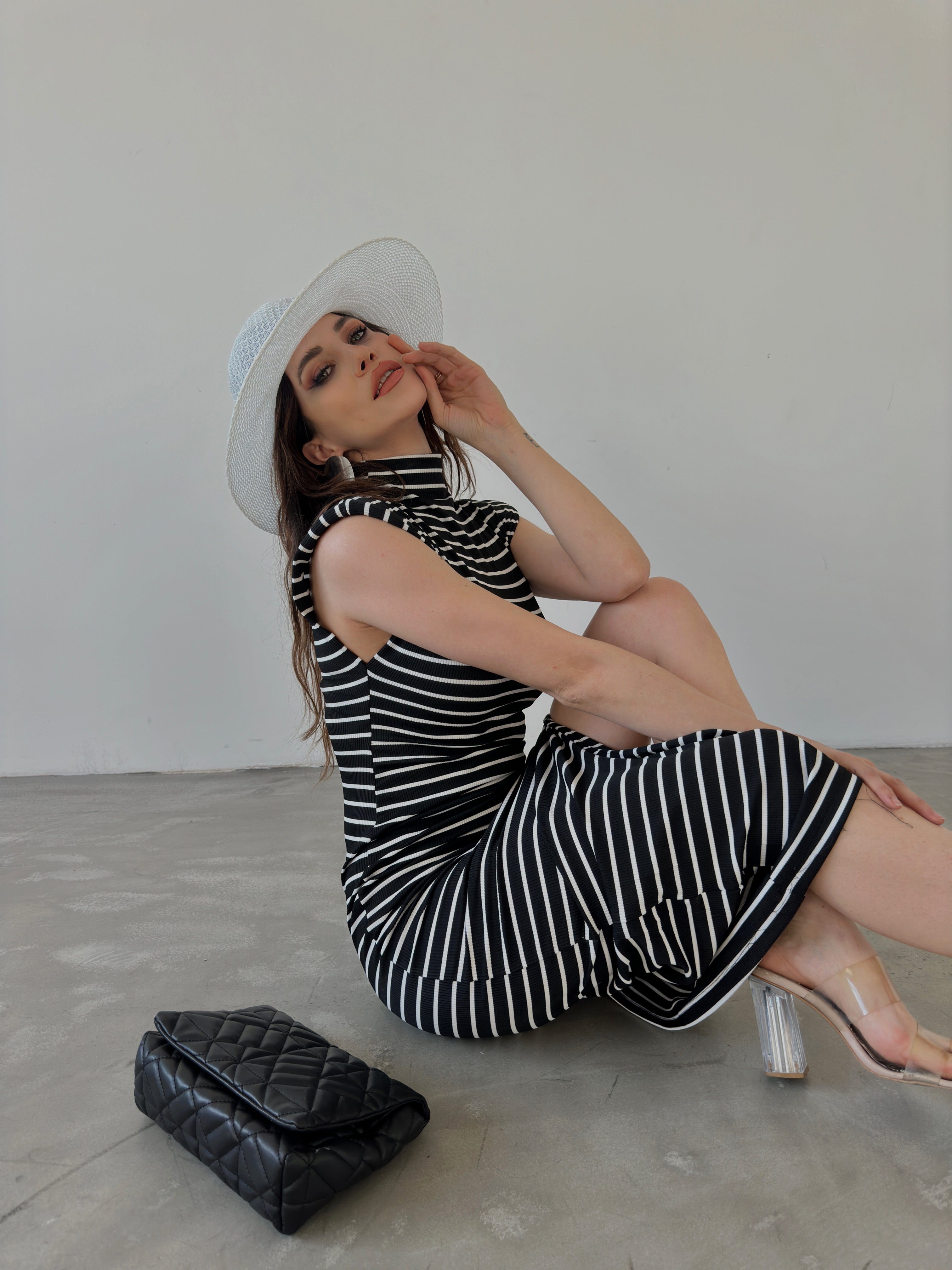 Half Turtleneck Dress with Padded Shoulder Pads