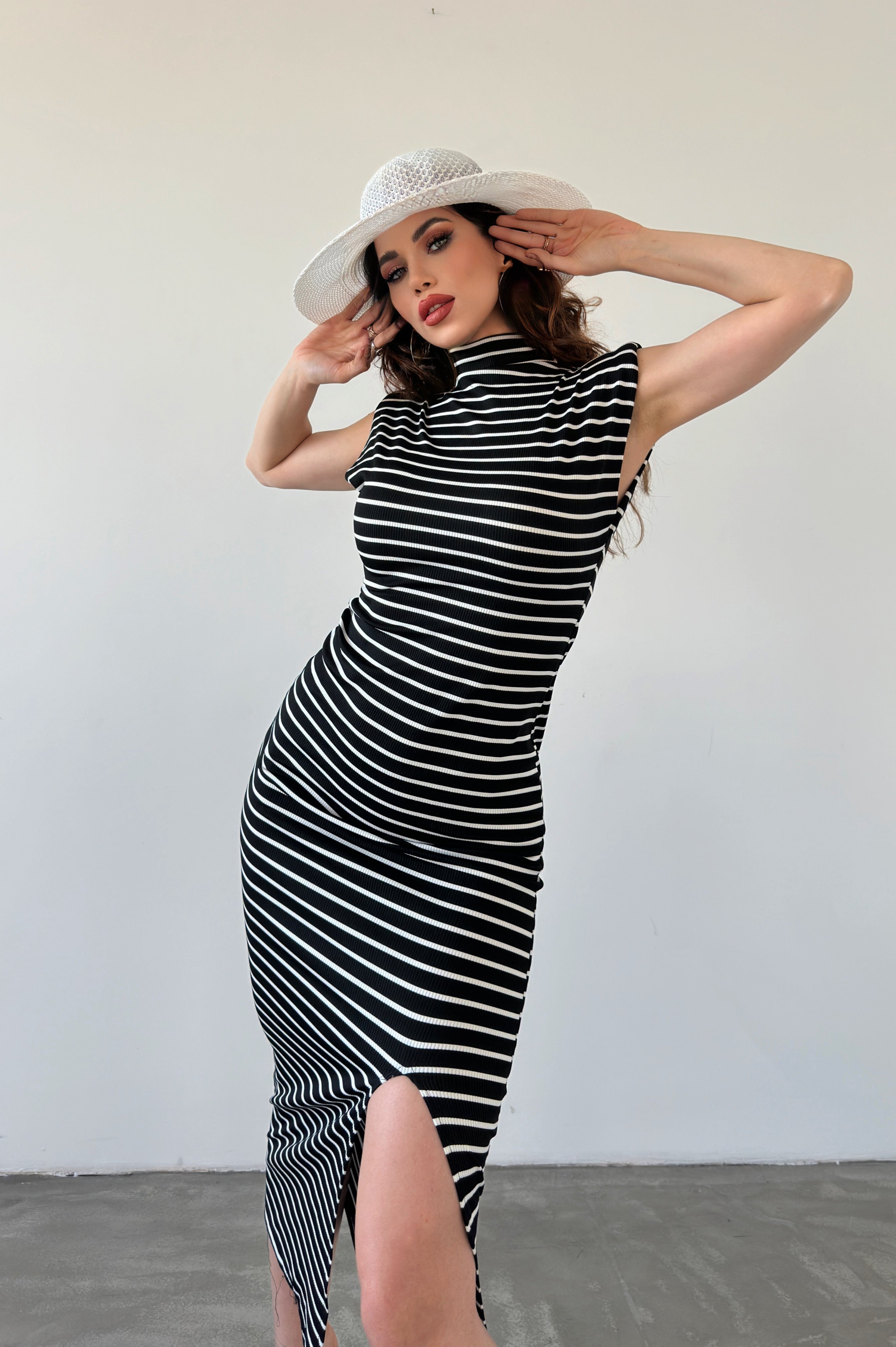 Half Turtleneck Dress with Padded Shoulder Pads