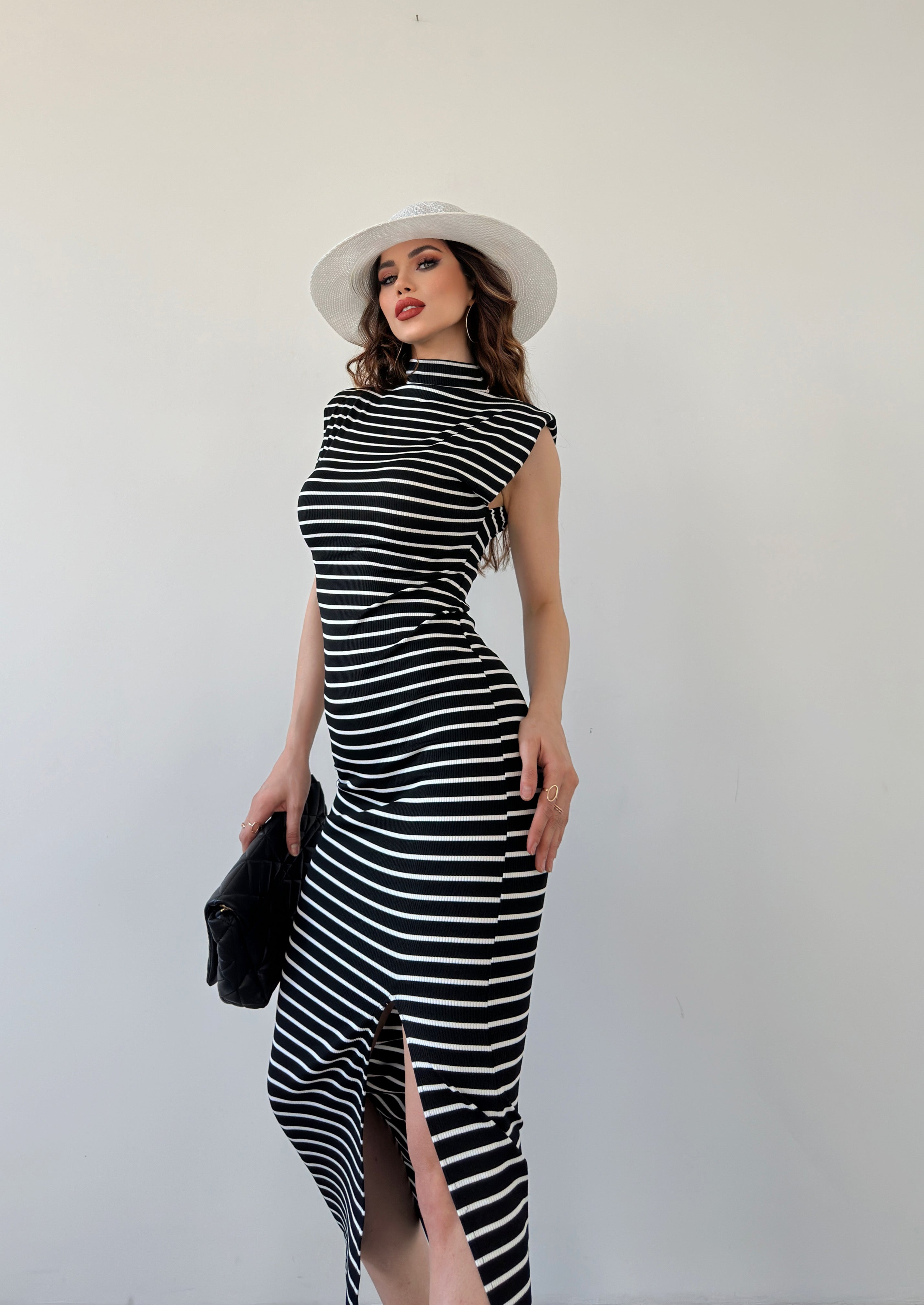 Half Turtleneck Dress with Padded Shoulder Pads