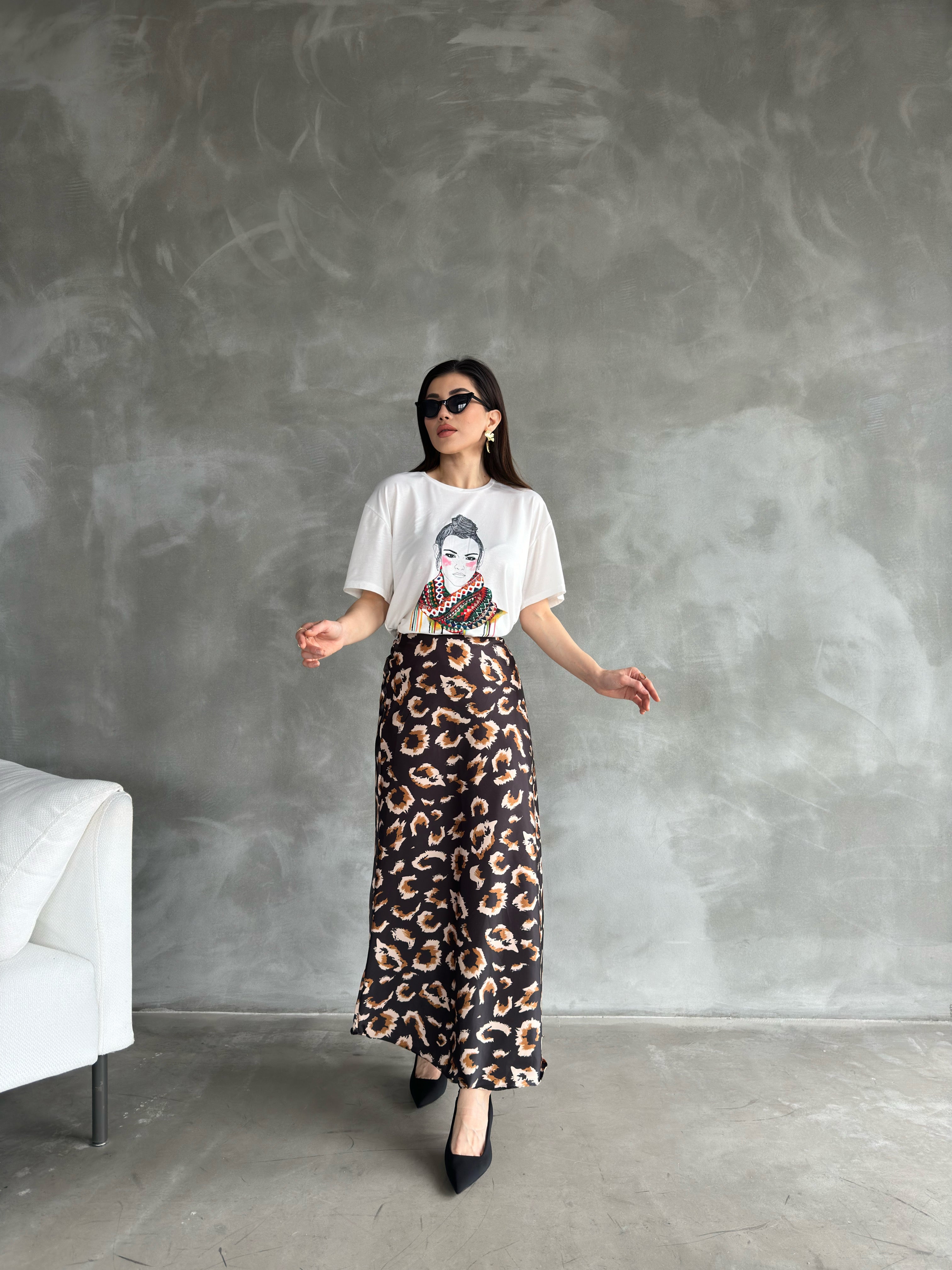 Maxi Length Patterned Satin Skirt