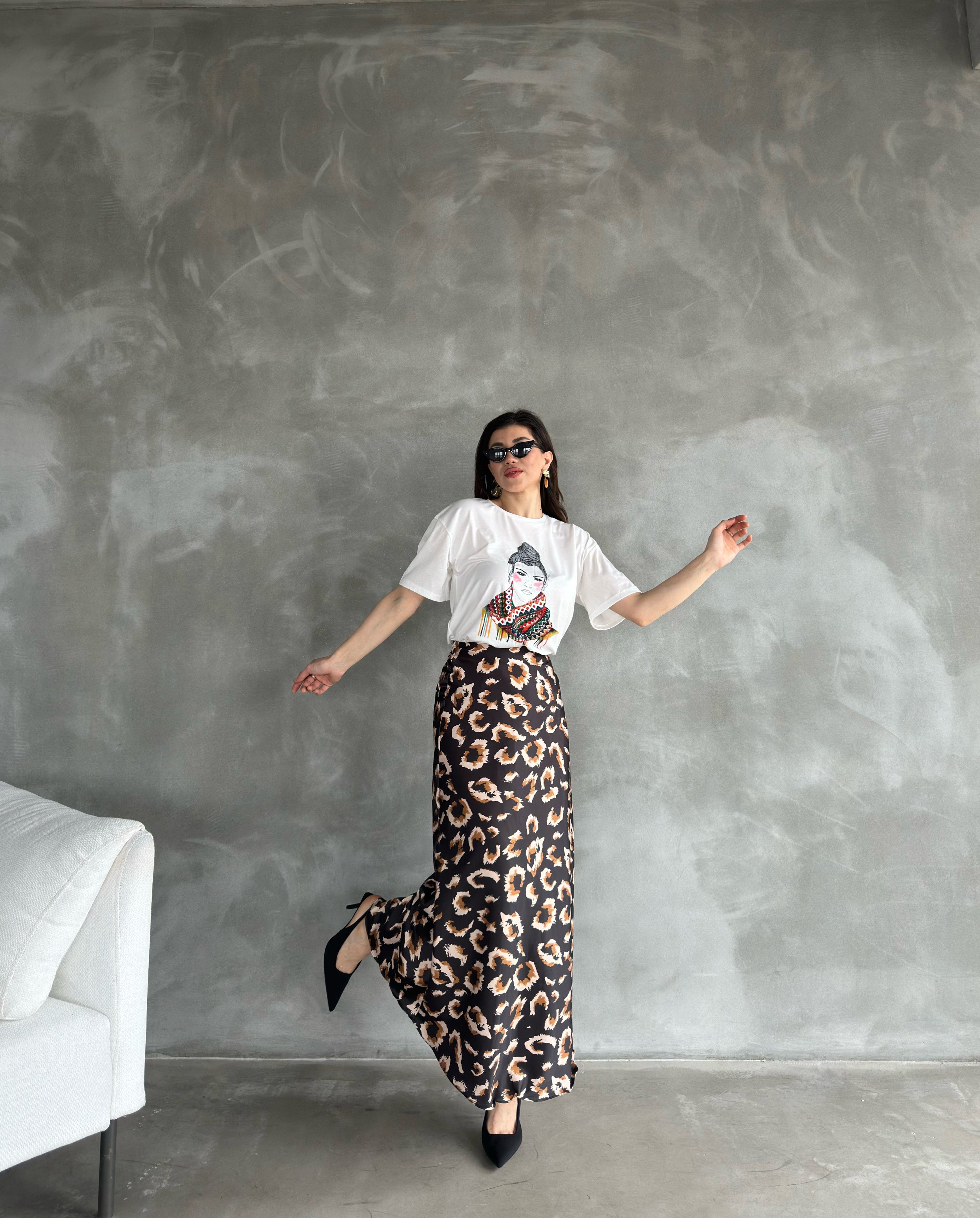 Maxi Length Patterned Satin Skirt