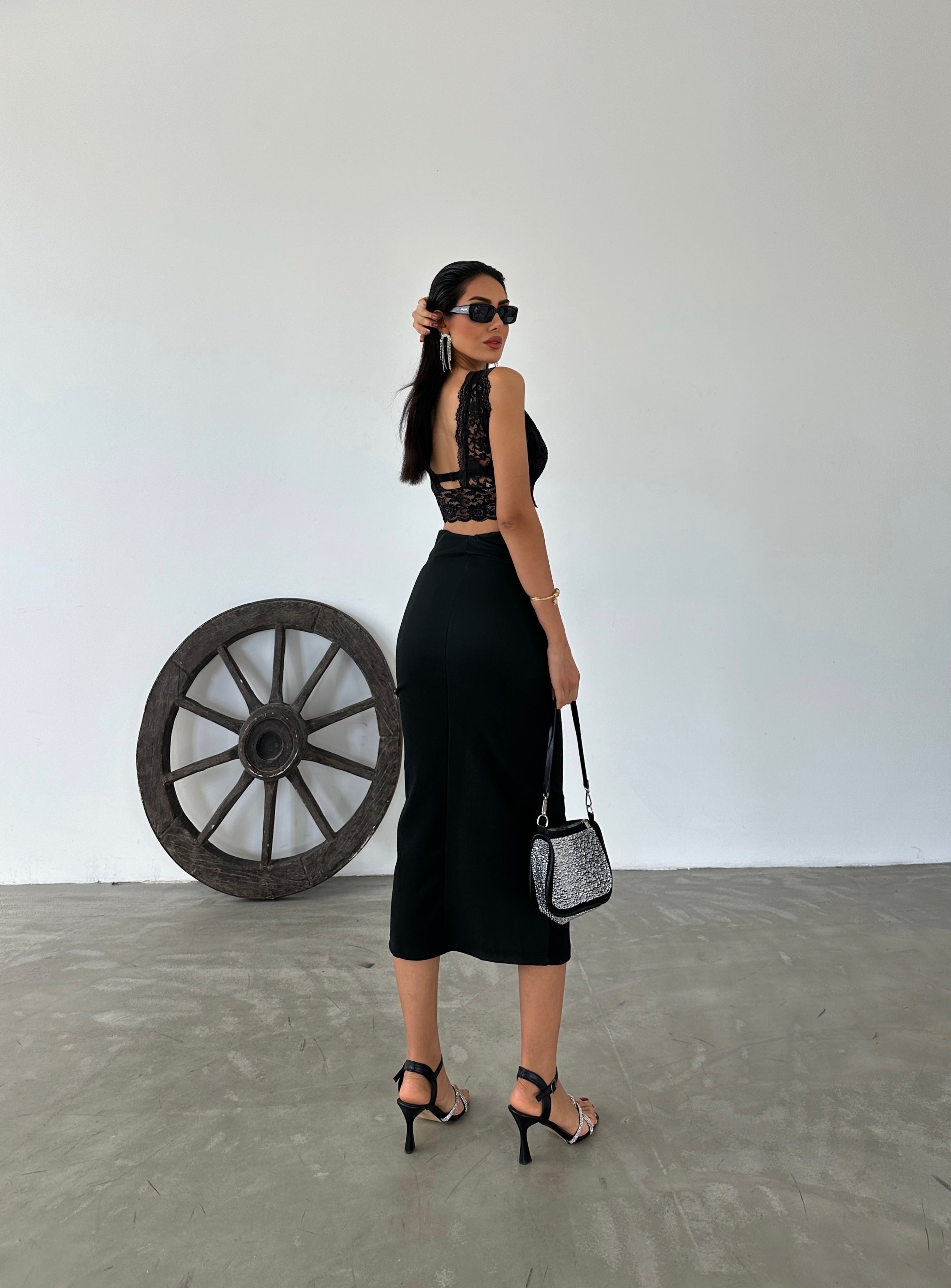 Ottoman Fabric High Waisted Gathered Midi Skirt