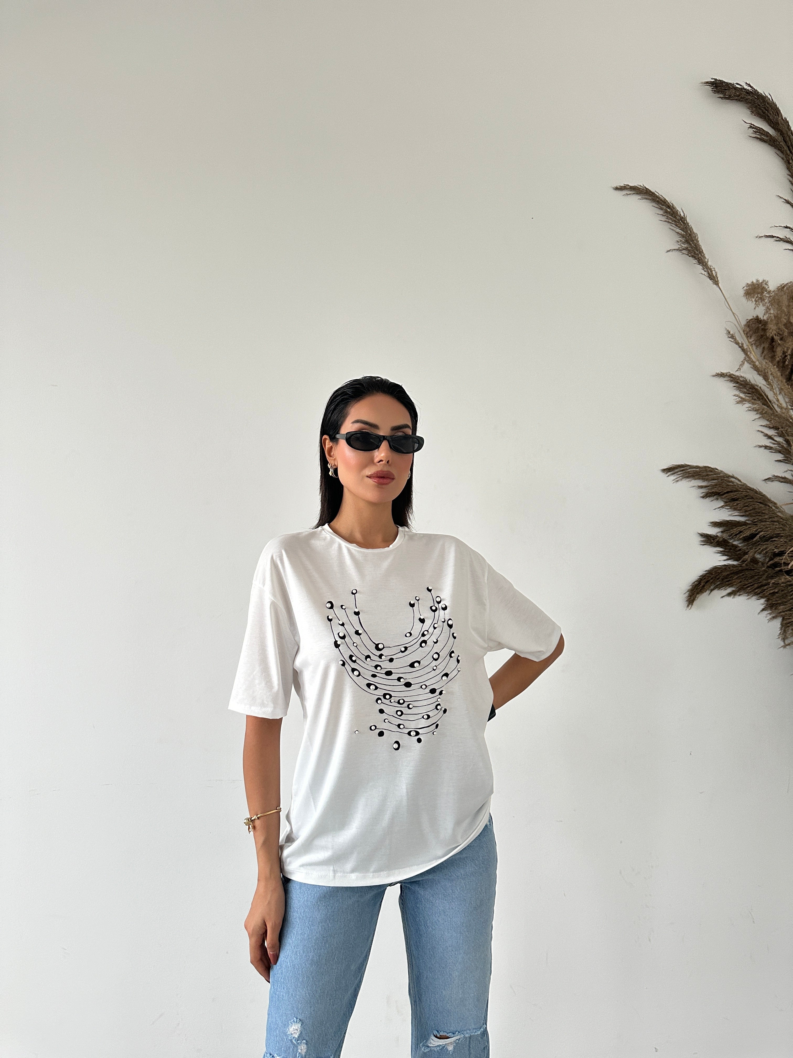 Printed Pearl Detailed T-shirt